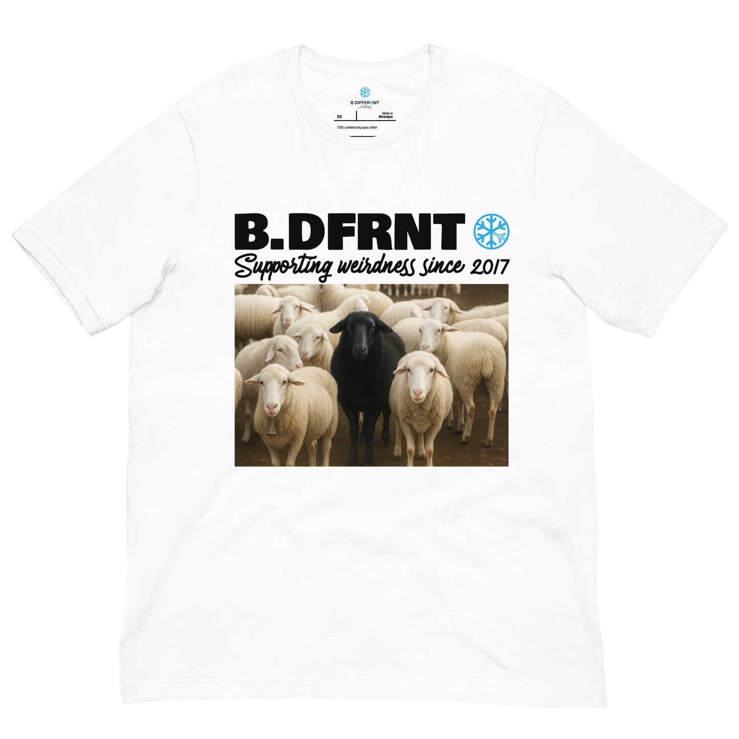 White-Black Sheep Tee from B.Different Clothing, front view, graffiti-inspired streetwear t-shirt