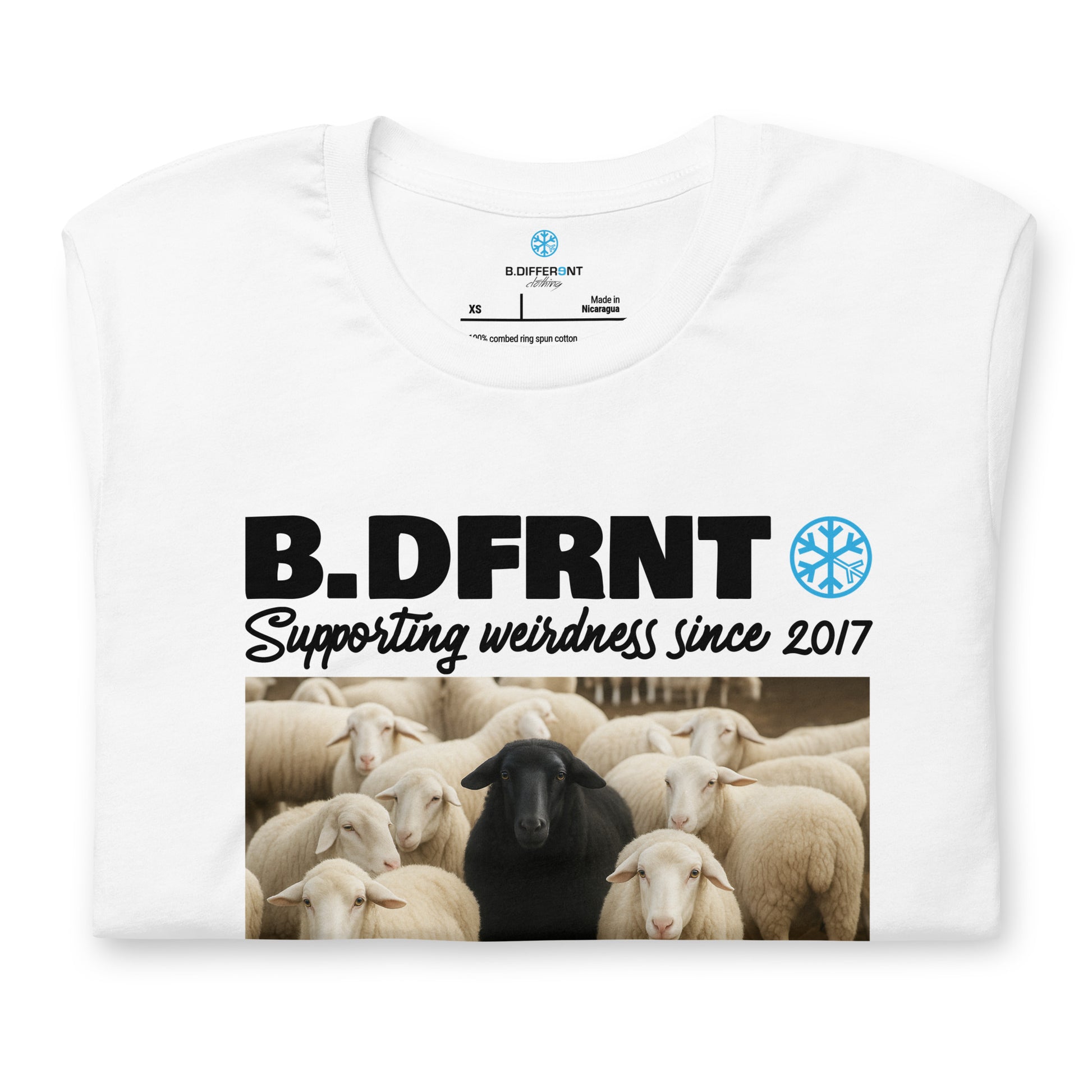 White-Black Sheep Tee from B.Different Clothing, folded, graffiti-inspired streetwear t-shirt