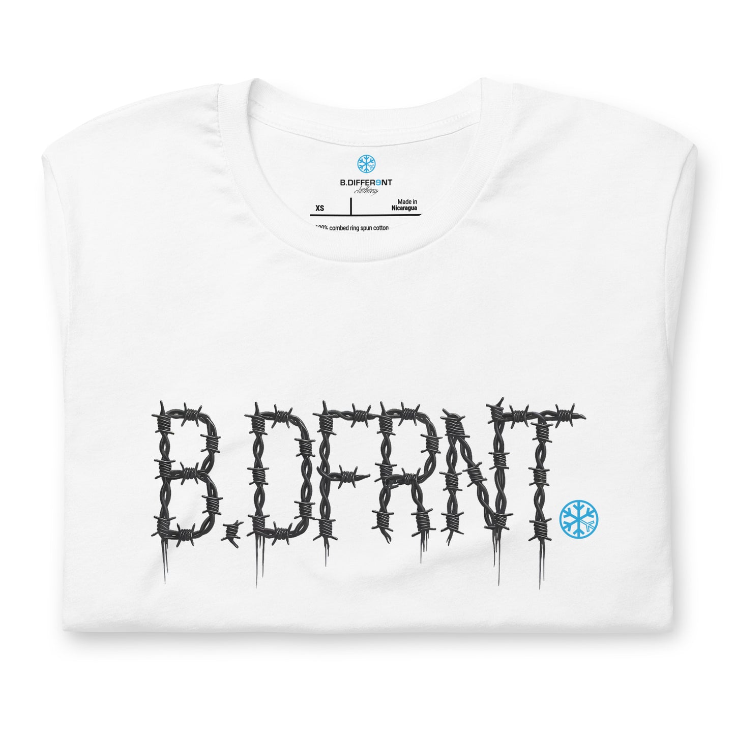 White-B.DFRNT Barbed Wire Tee from B.Different Clothing, folded, graffiti-inspired streetwear t-shirt