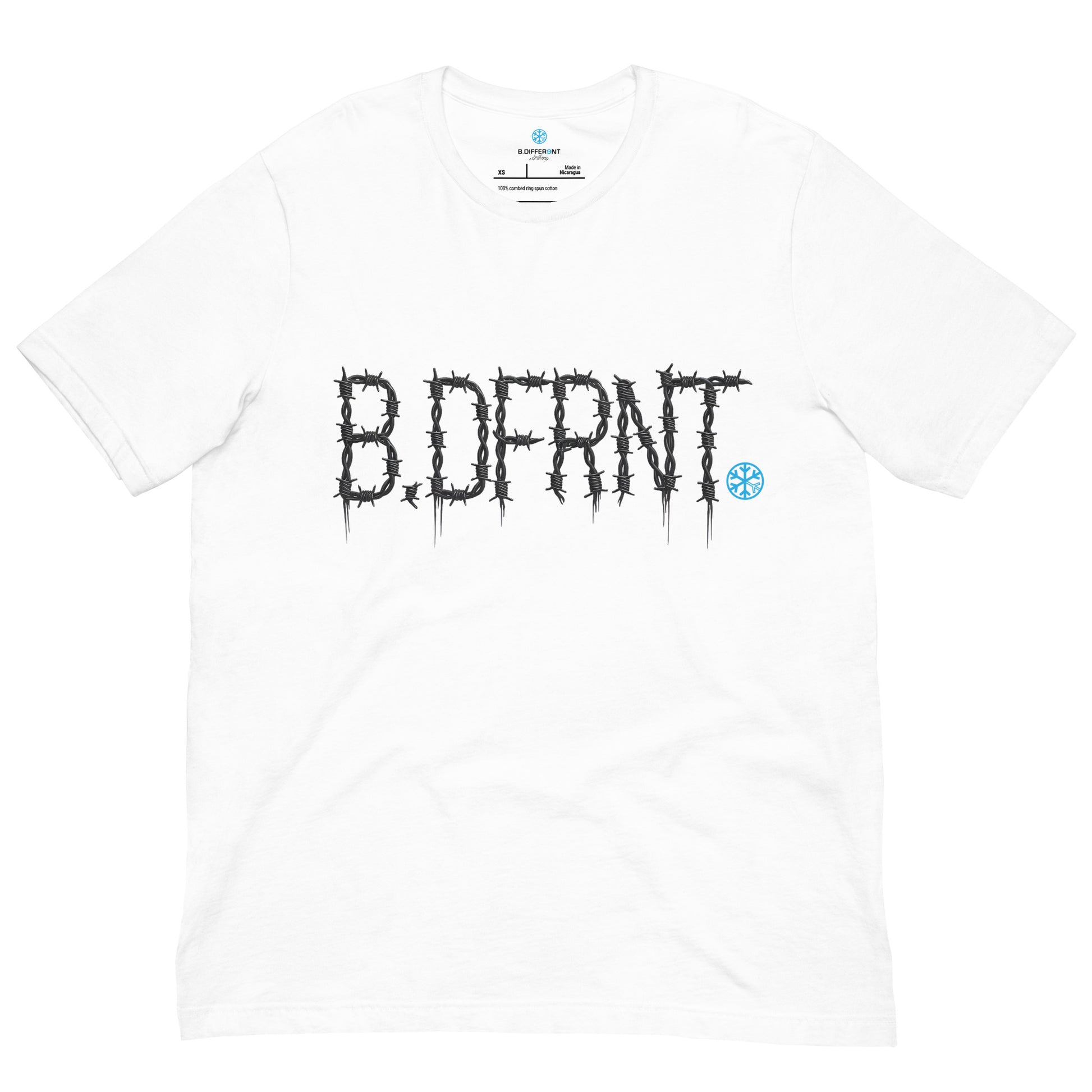 White-B.DFRNT Barbed Wire Tee from B.Different Clothing, front view, graffiti-inspired streetwear t-shirt