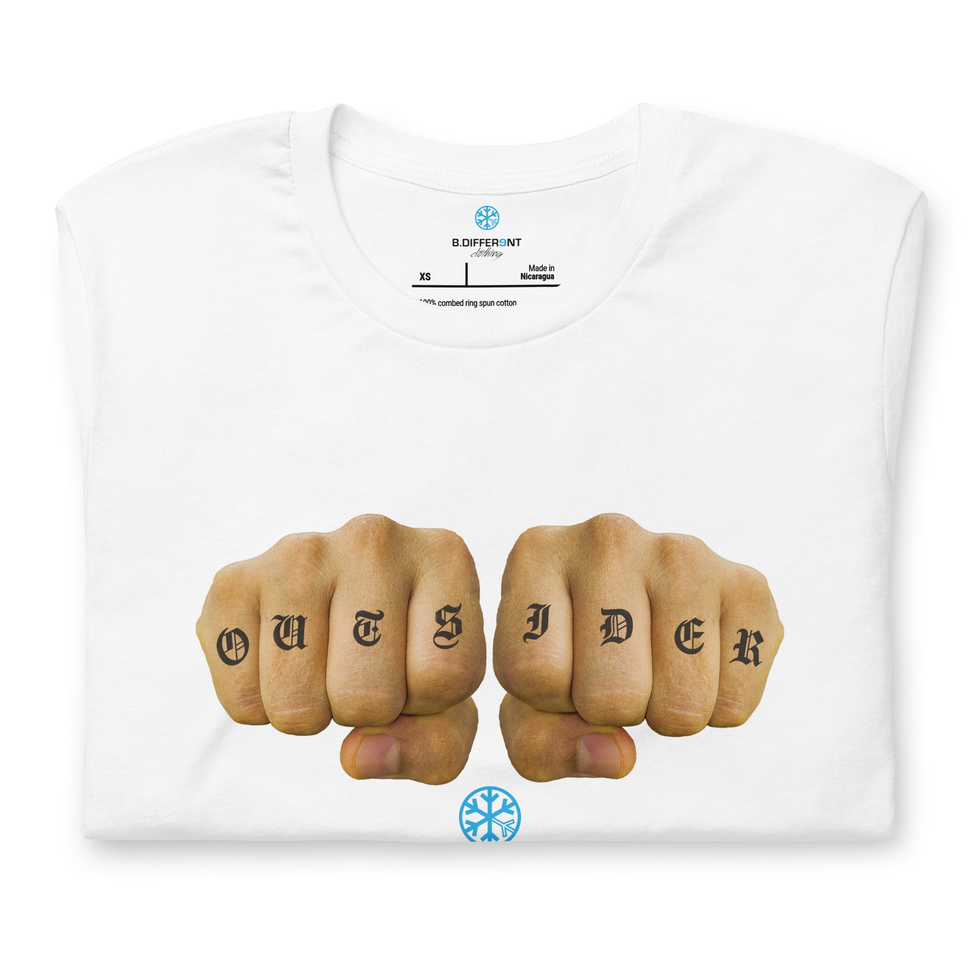White-Outsider Tattoo Tee from B.Different Clothing, folded, graffiti-inspired streetwear t-shirt