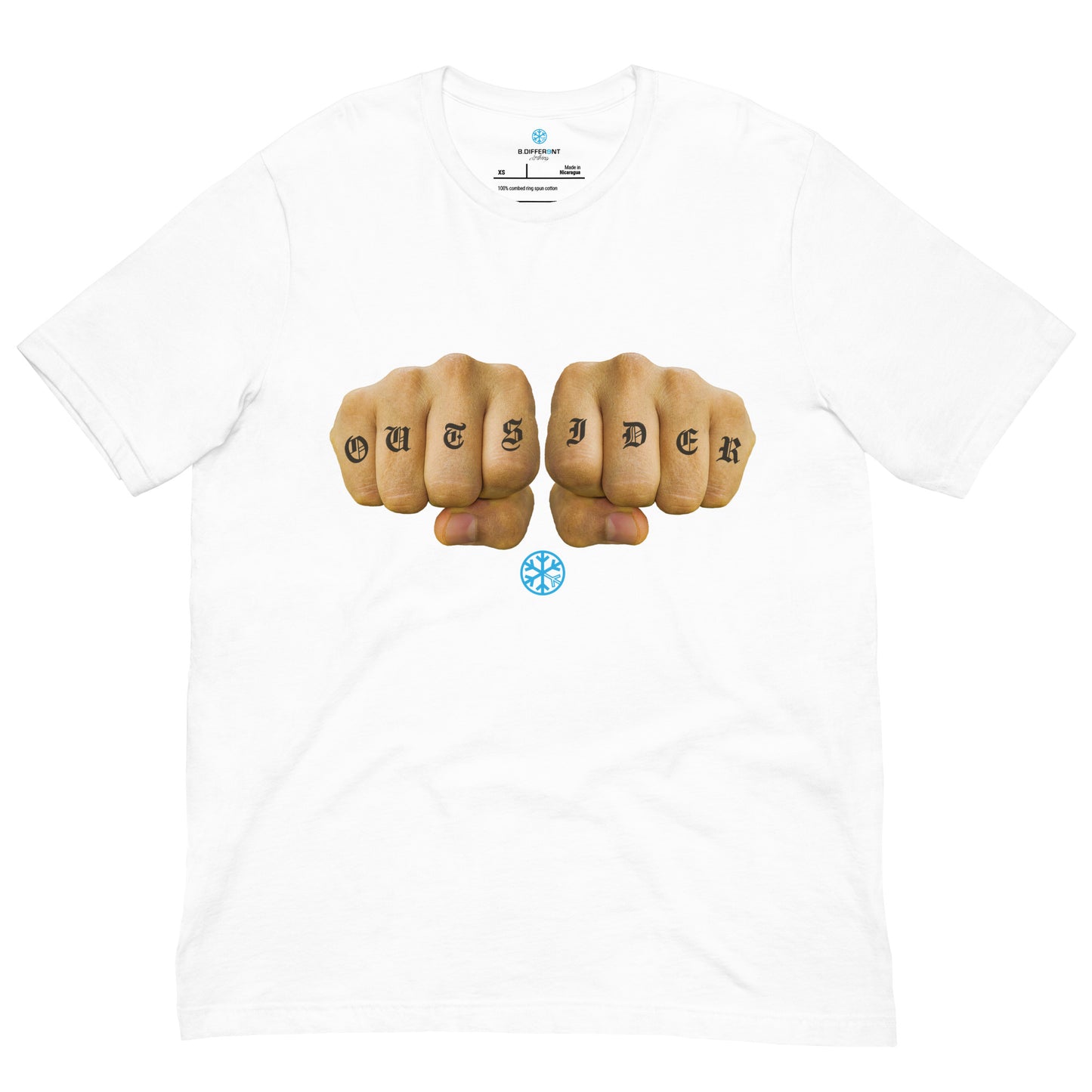 White-Outsider Tattoo Tee from B.Different Clothing, front view, graffiti-inspired streetwear t-shirt