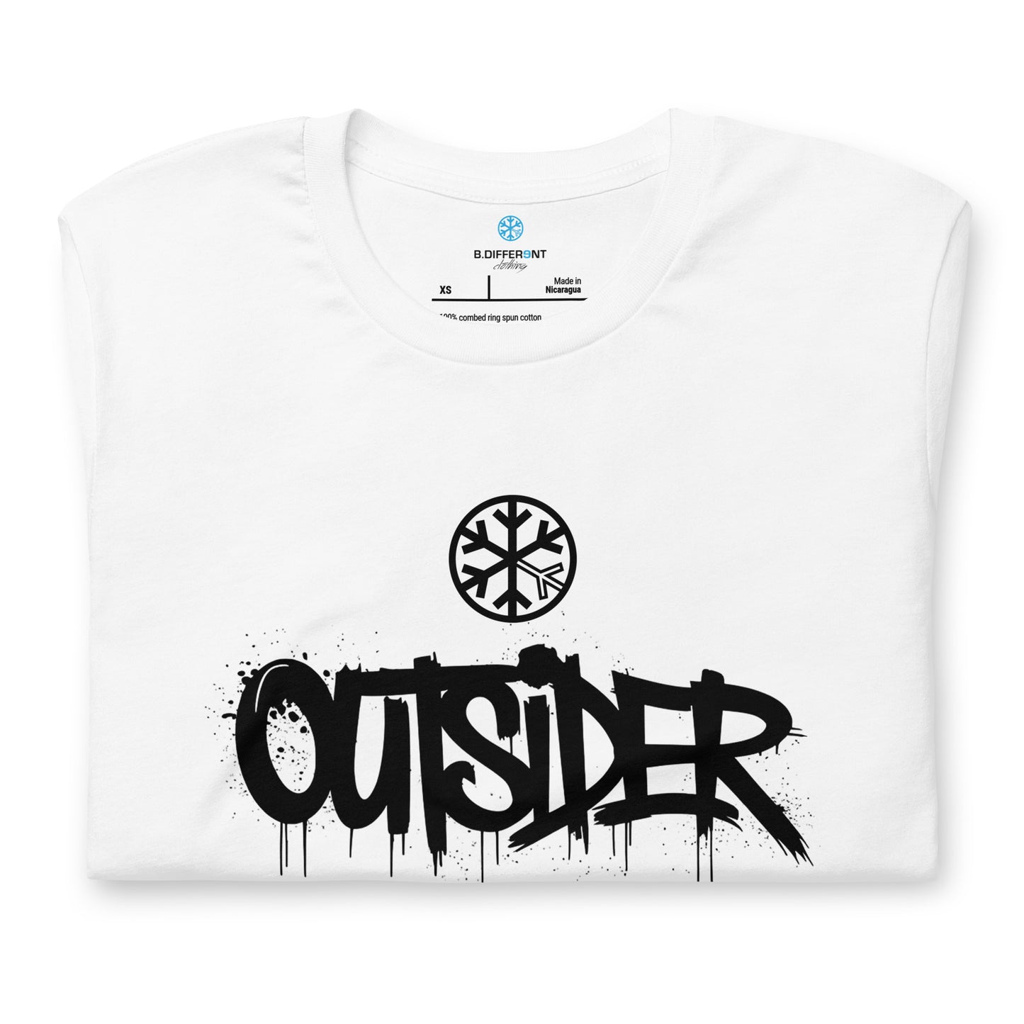 White-Outsider Graffiti Tag Tee from B.Different Clothing, folded, graffiti-inspired streetwear t-shirt