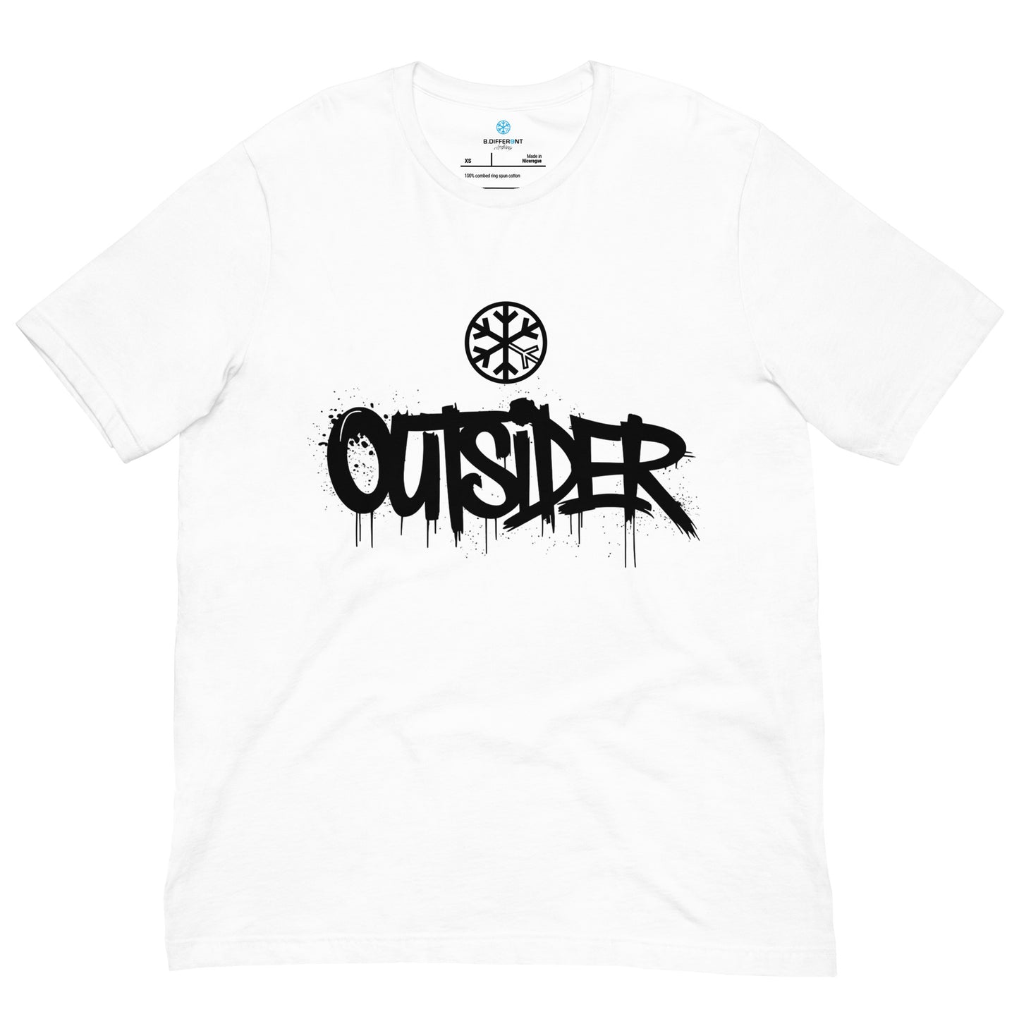 White-Outsider Graffiti Tag Tee from B.Different Clothing, front view, graffiti-inspired streetwear t-shirt