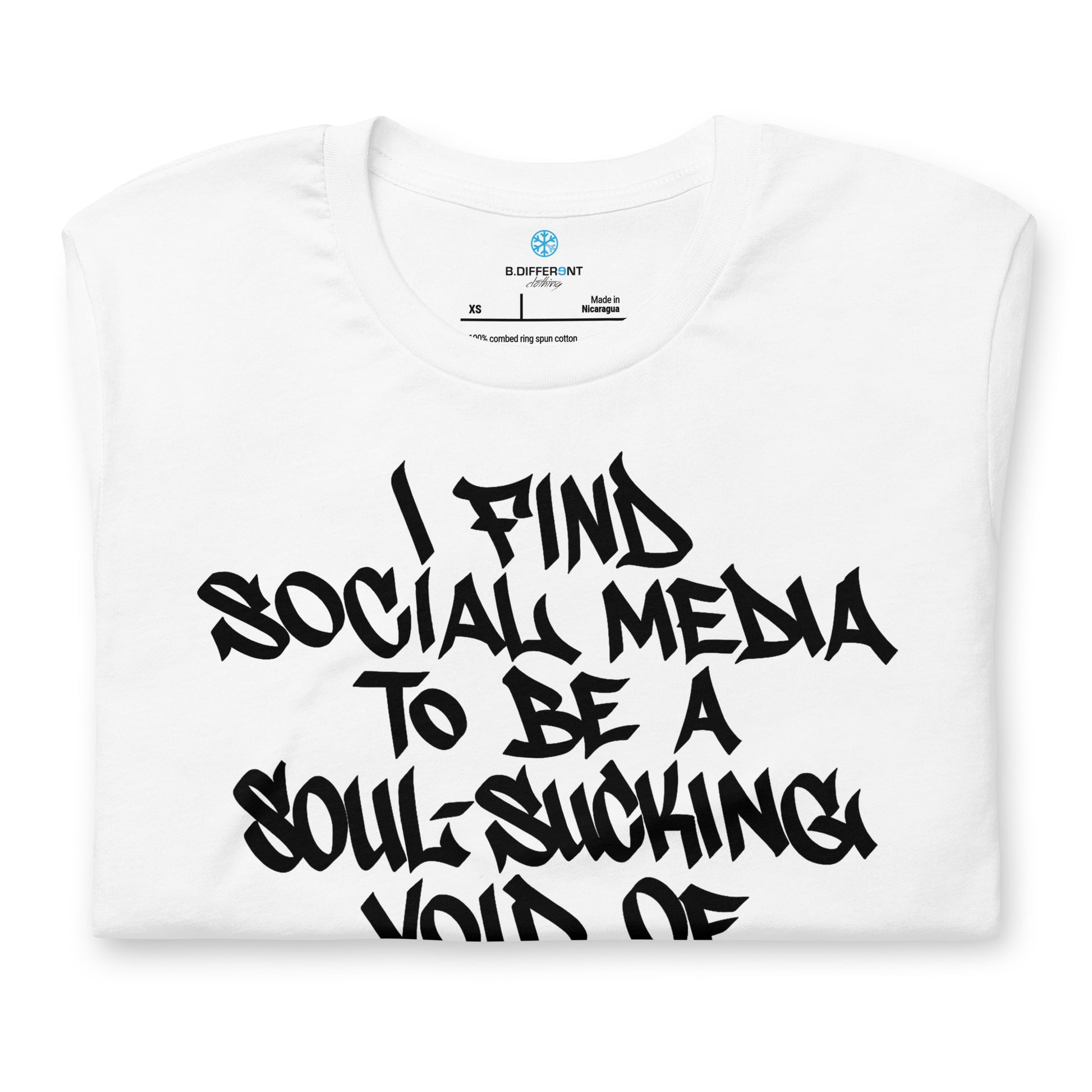 White-Social Media Graffiti Tag Tee from B.Different Clothing, folded, graffiti-inspired streetwear t-shirt