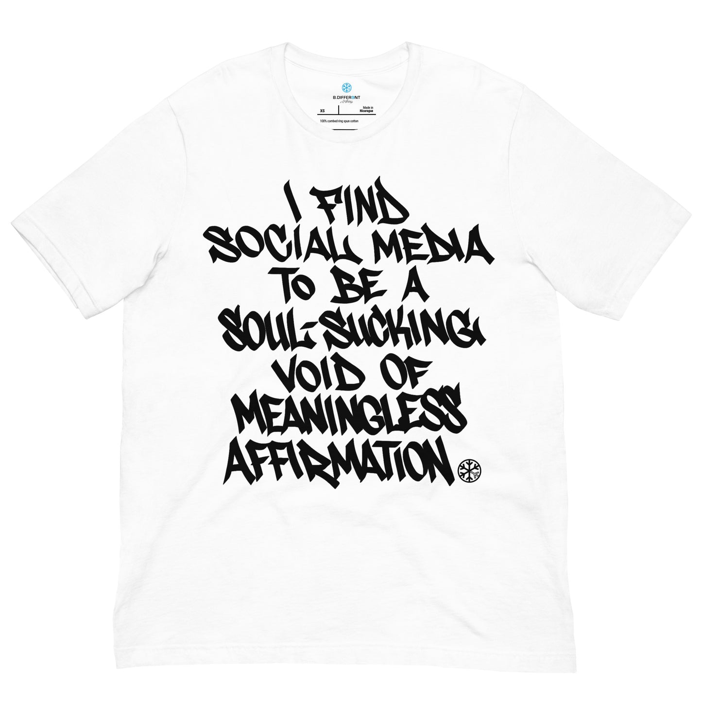 White-Social Media Graffiti Tag Tee from B.Different Clothing, front view, graffiti-inspired streetwear t-shirt