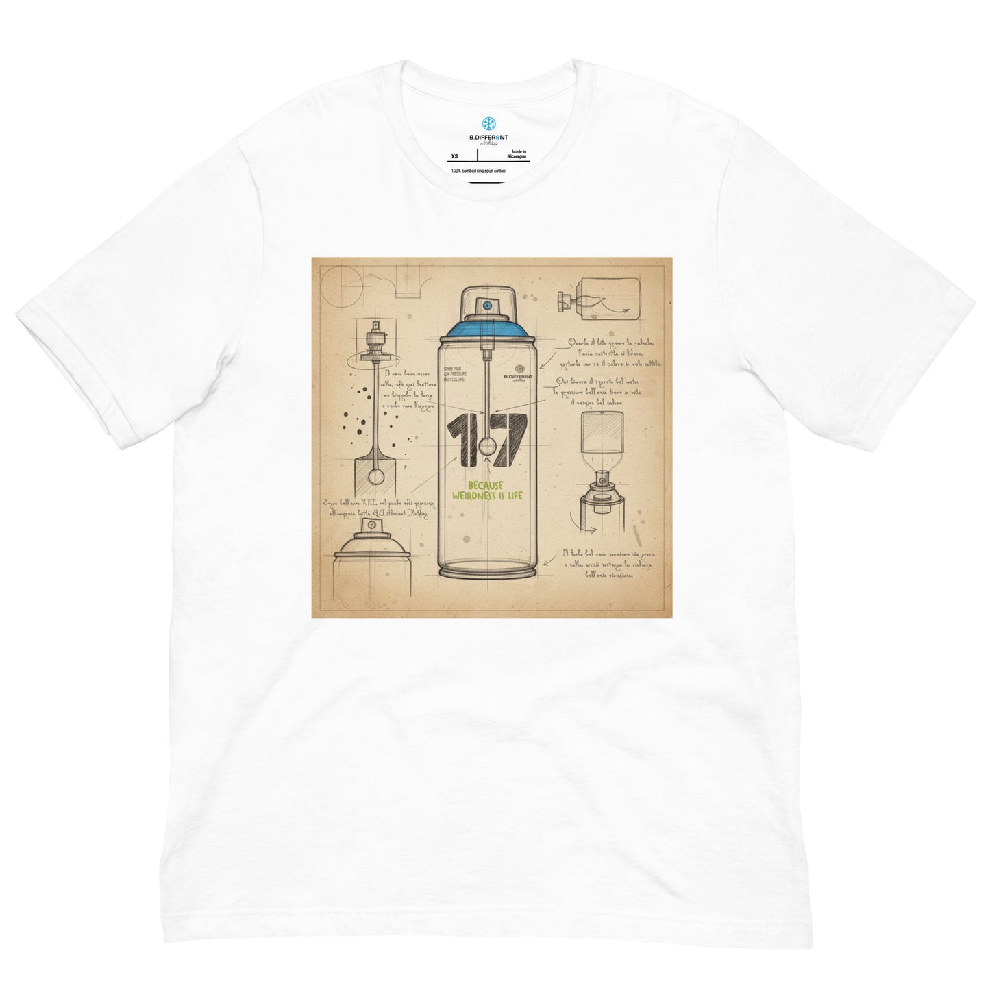 White-Spray Can Sketch Graffiti Tee from B.Different Clothing, front view, graffiti-inspired streetwear t-shirt