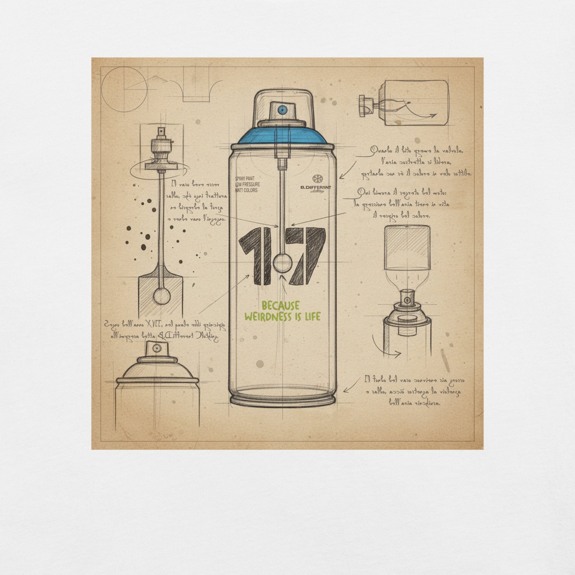 White-Spray Can Sketch Graffiti Tee from B.Different Clothing, graphic, graffiti-inspired streetwear t-shirt