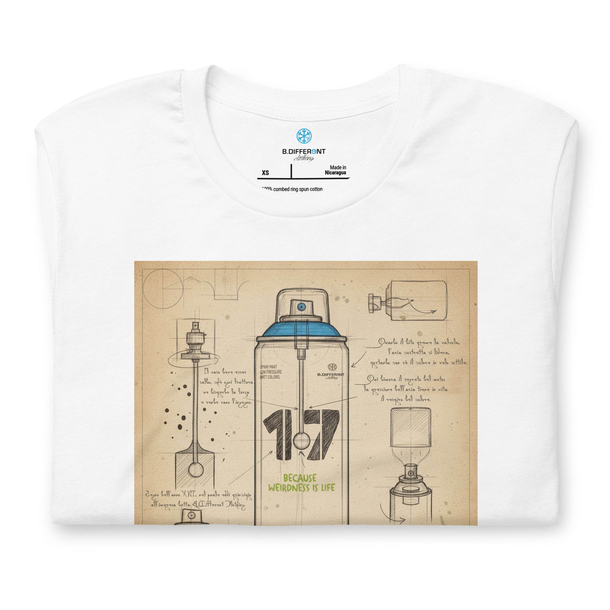 White-Spray Can Sketch Graffiti Tee from B.Different Clothing, folded, graffiti-inspired streetwear t-shirt