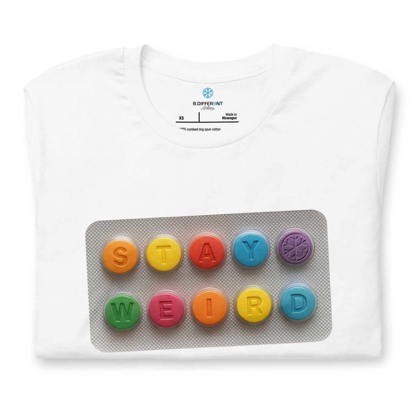 White-Stay Weird Pills Tee from B.Different Clothing, folded, graffiti-inspired streetwear t-shirt