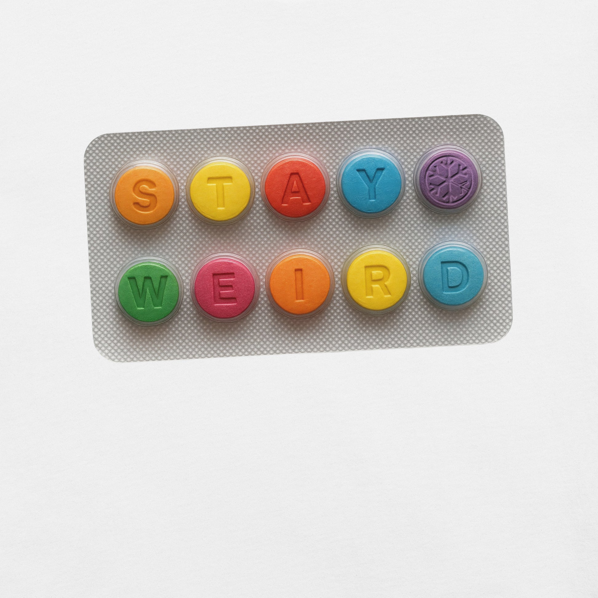 White-Stay Weird Pills Tee from B.Different Clothing, graphic, graffiti-inspired streetwear t-shirt