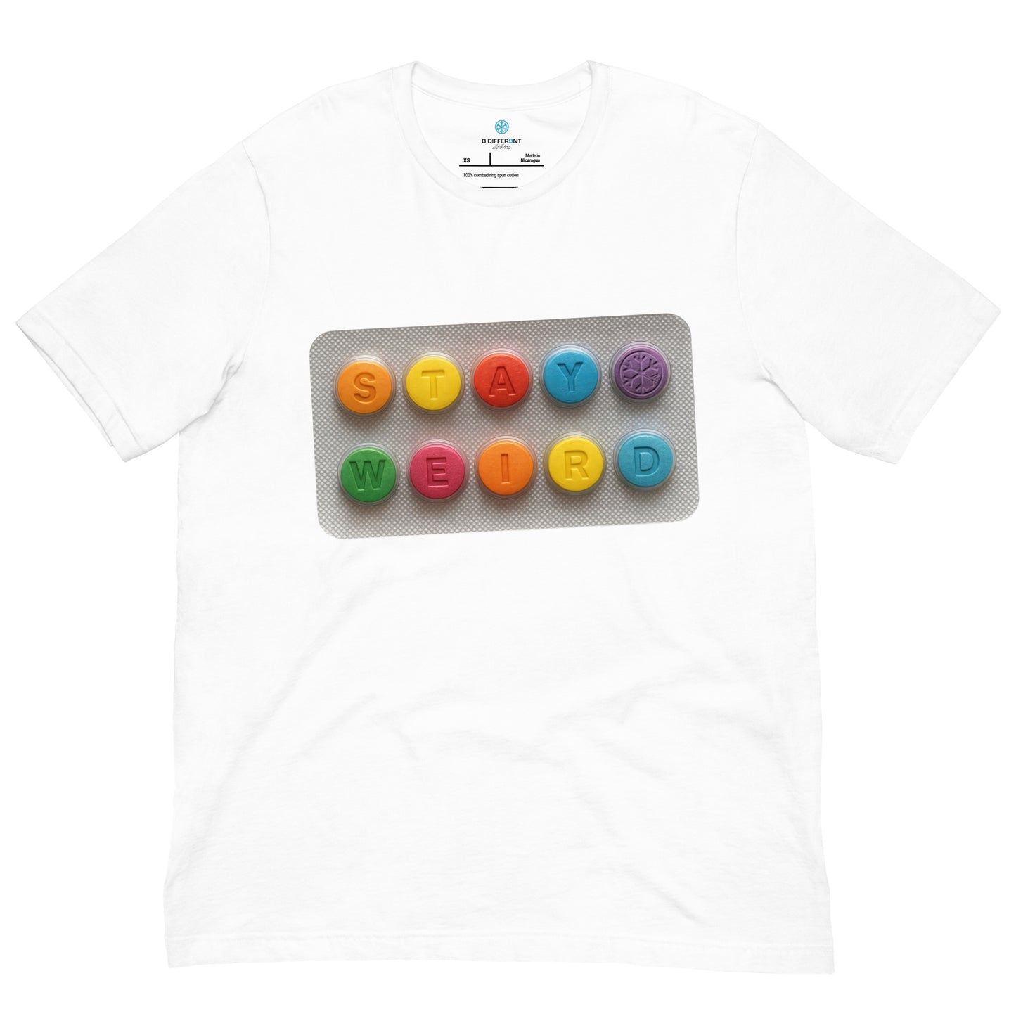 White-Stay Weird Pills Tee from B.Different Clothing, front view, graffiti-inspired streetwear t-shirt