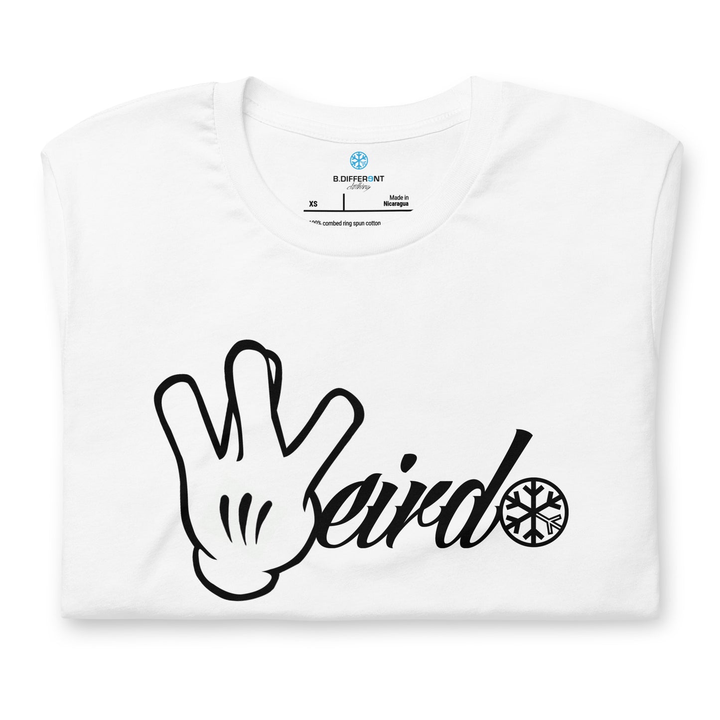 White-Weirdo Hand Sign Tee from B.Different Clothing, folded, graffiti-inspired streetwear t-shirt