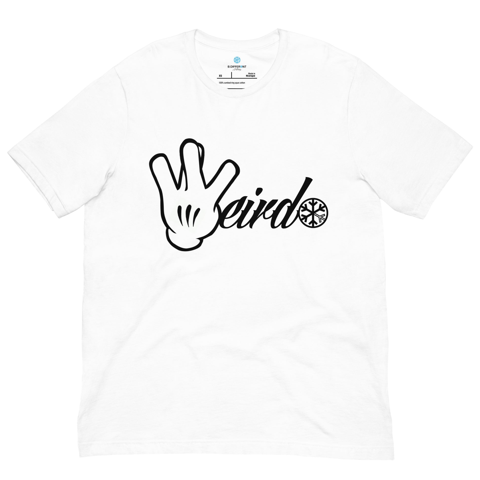 White-Weirdo Hand Sign Tee from B.Different Clothing, front view, graffiti-inspired streetwear t-shirt