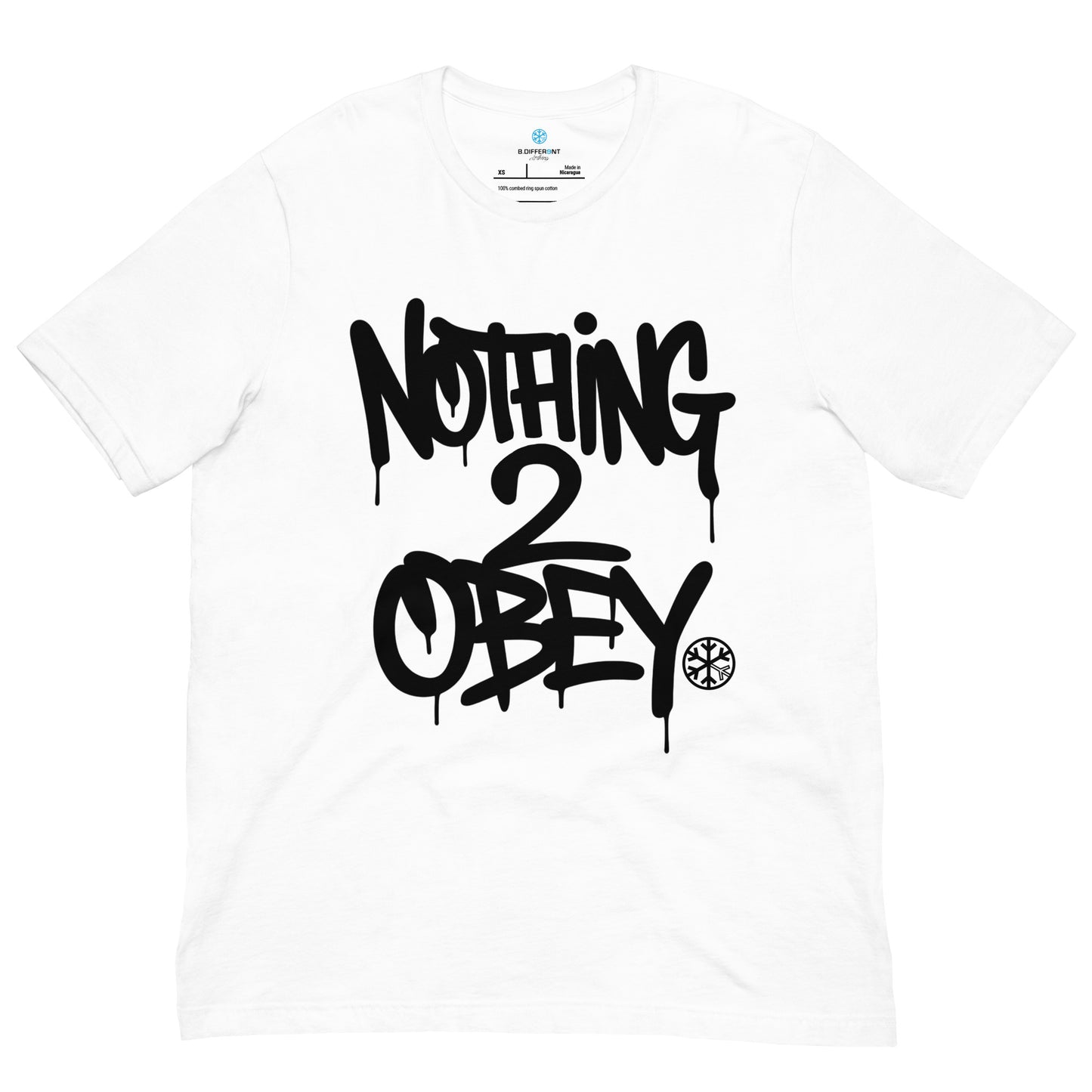 White-Nothing 2 Obey Graffiti Tee from B.Different Clothing, front view, graffiti-inspired streetwear t-shirt