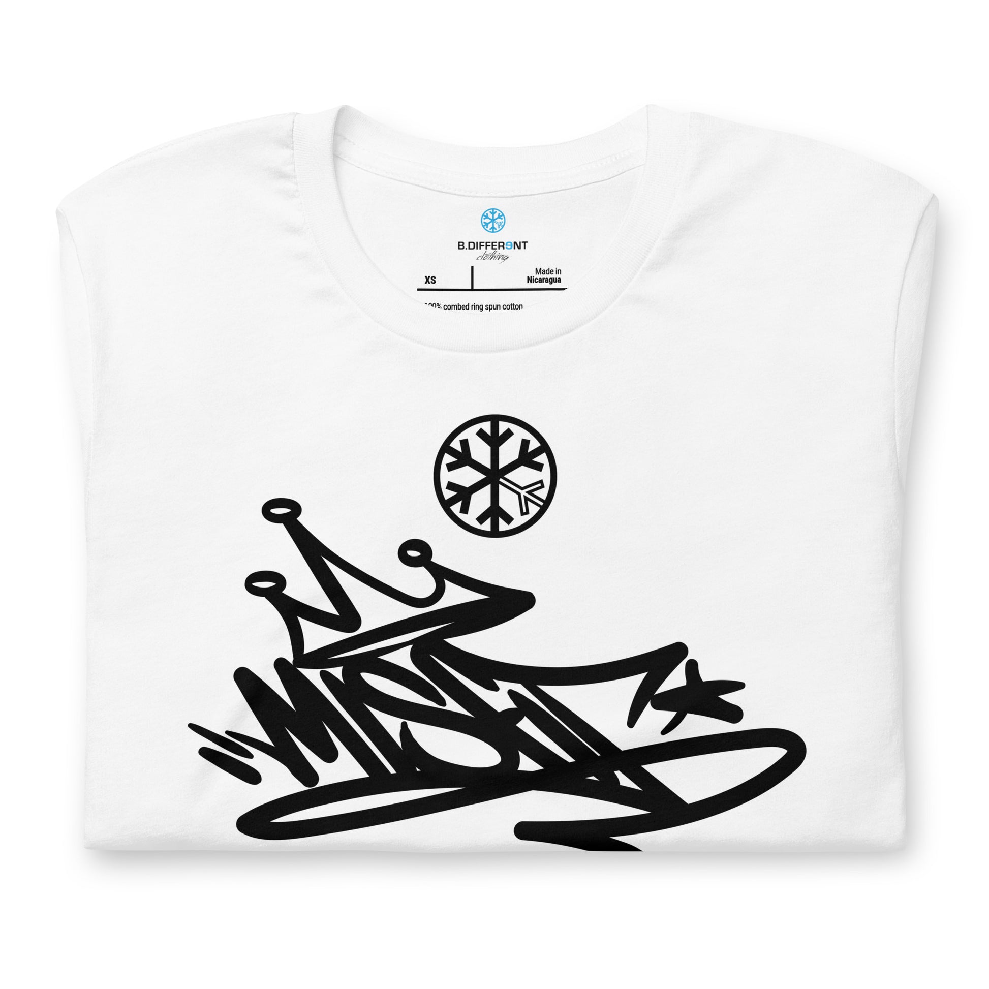 White-Misfit Graffiti Tag Tee from B.Different Clothing, folded, graffiti-inspired streetwear t-shirt