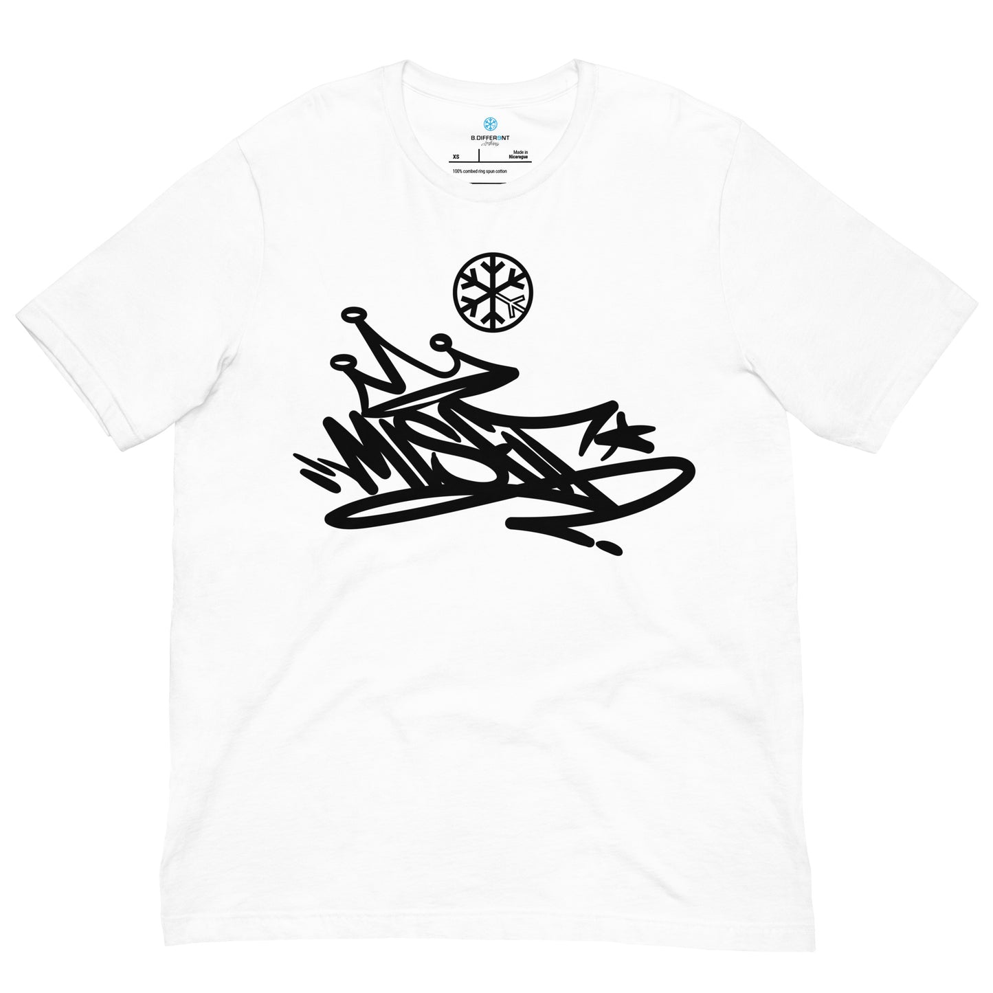 White-Misfit Graffiti Tag Tee from B.Different Clothing, front view, graffiti-inspired streetwear t-shirt