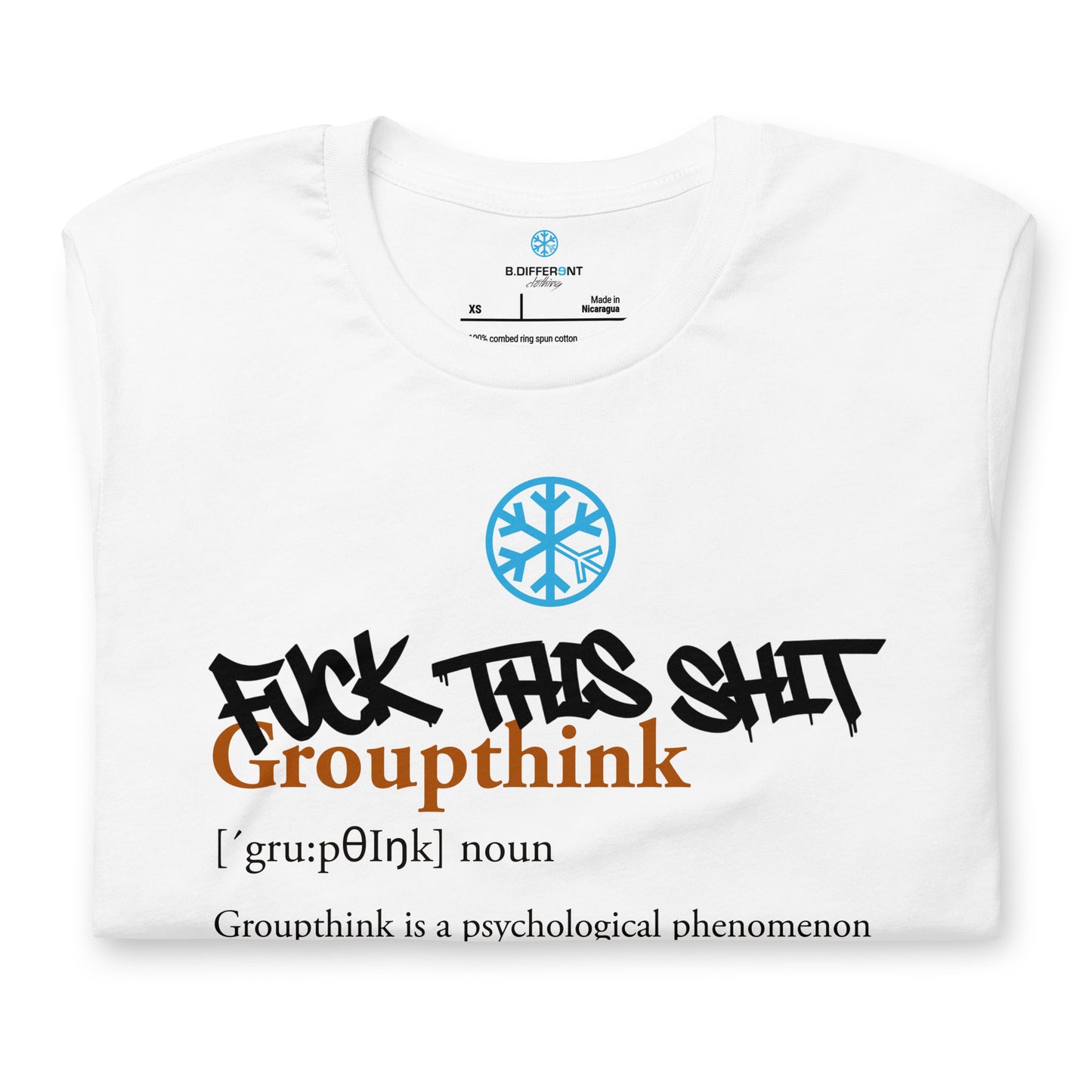 White-Groupthink Graffiti Tee from B.Different Clothing, folded, graffiti-inspired streetwear t-shirt