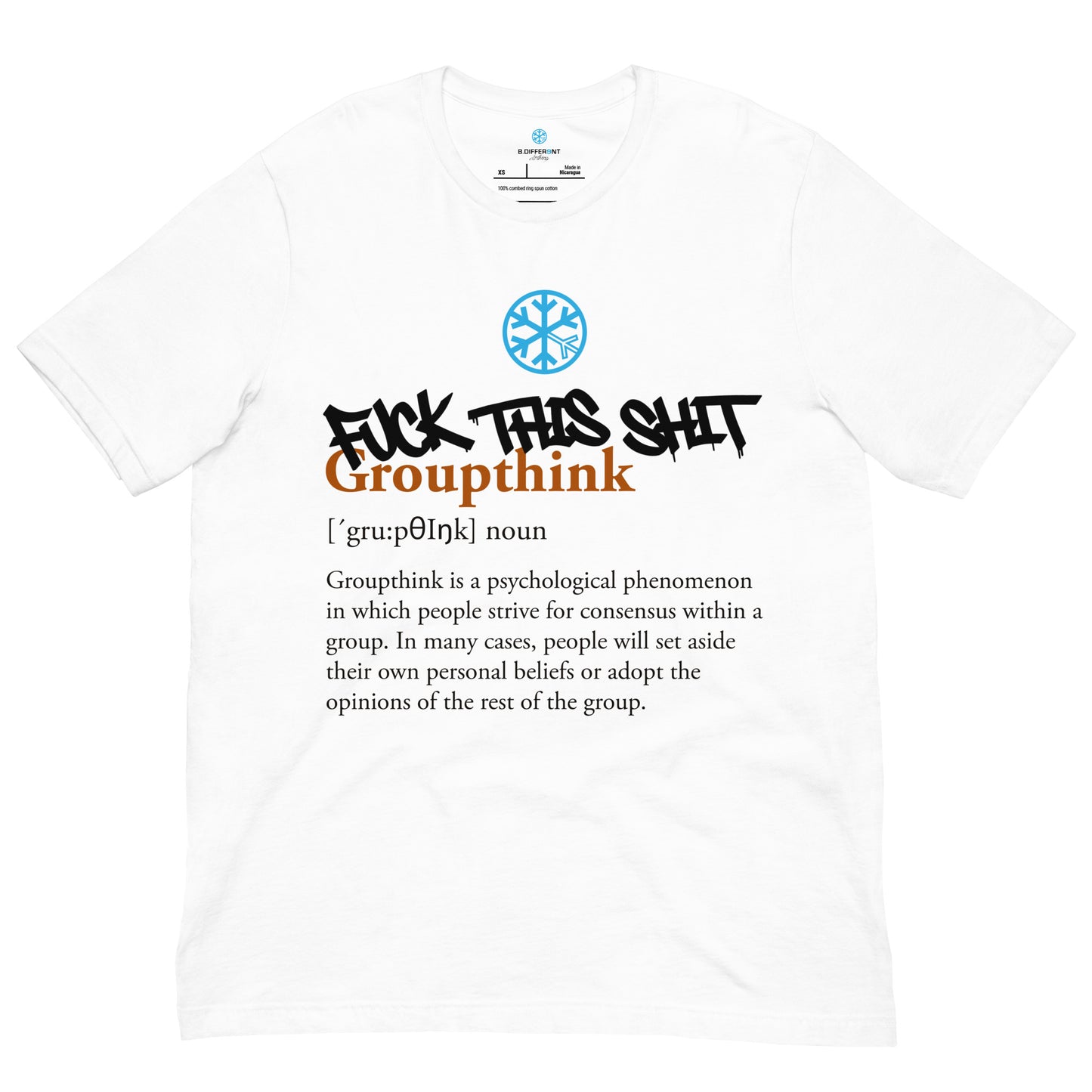 White-Groupthink Graffiti Tee from B.Different Clothing, front view, graffiti-inspired streetwear t-shirt
