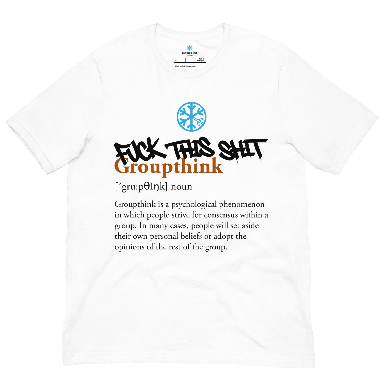 White-Groupthink Graffiti Tee from B.Different Clothing, front view, graffiti-inspired streetwear t-shirt