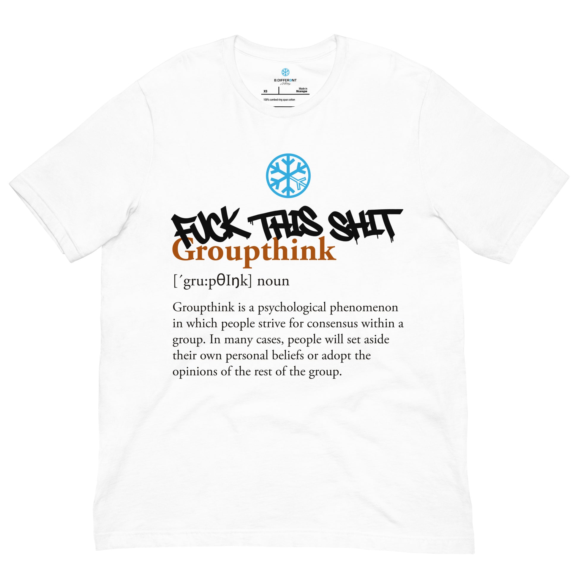 White-Groupthink Graffiti Tee from B.Different Clothing, front view, graffiti-inspired streetwear t-shirt