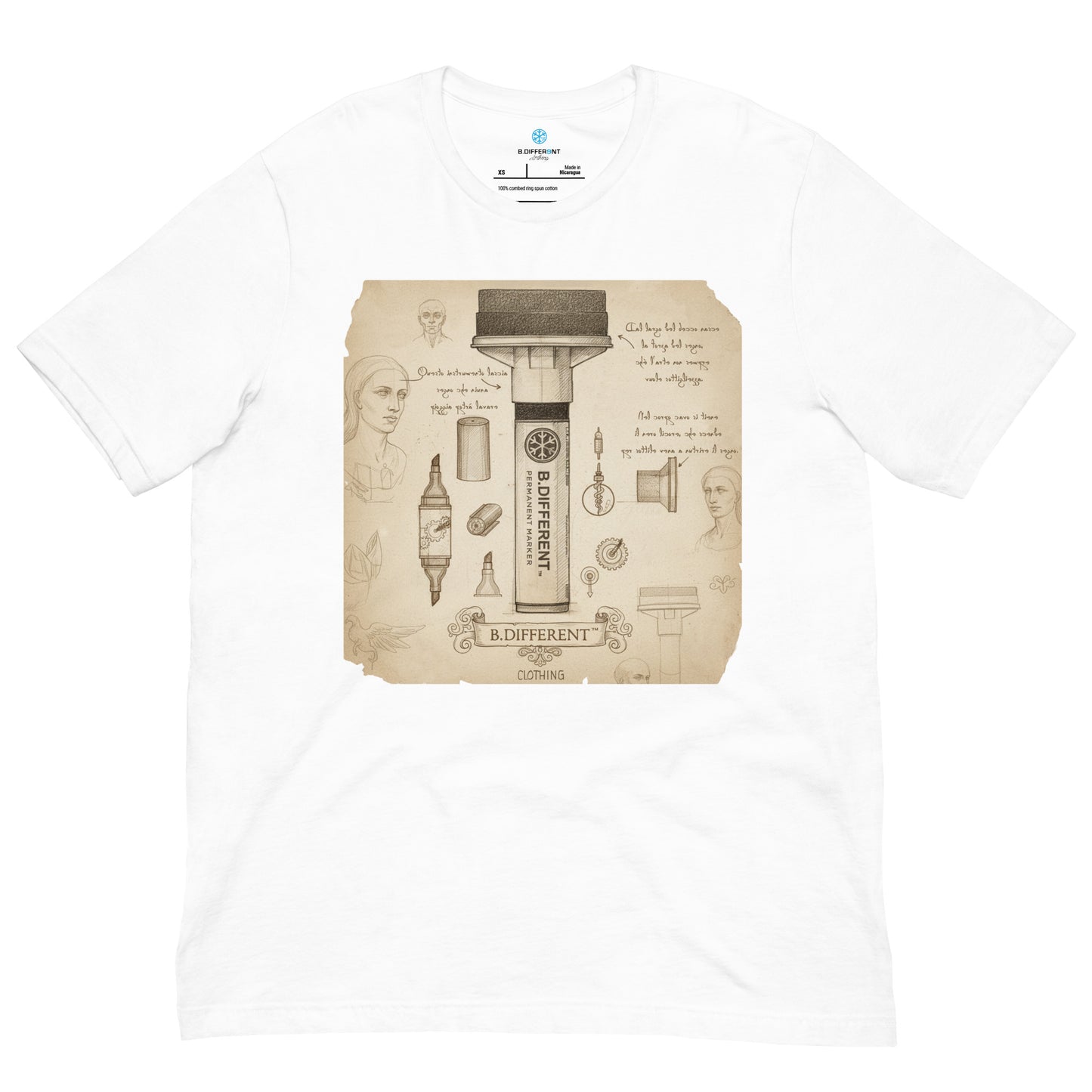 White-Marker Sketch Graffiti Tee from B.Different Clothing, front view, graffiti-inspired streetwear t-shirt