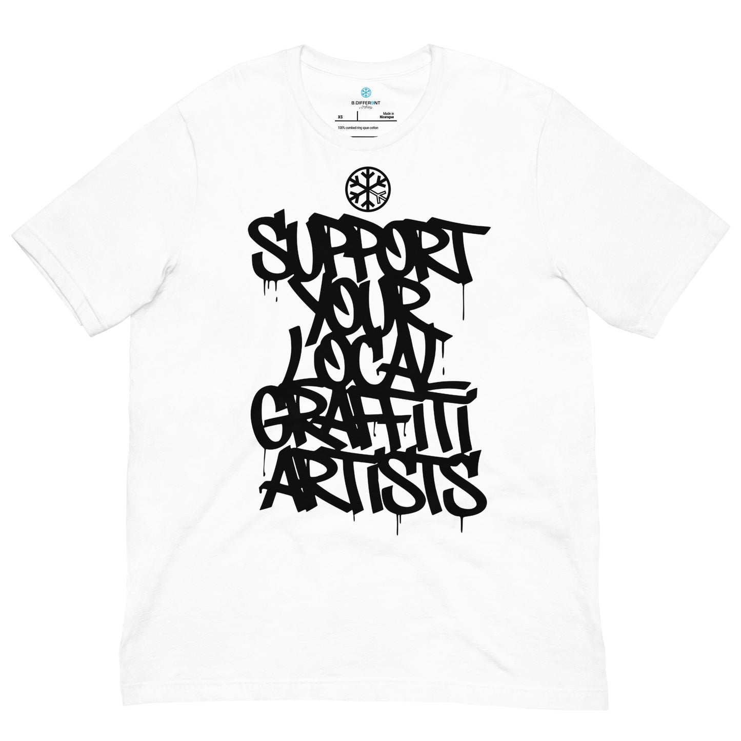 White-Support Your Local Graffiti Artists Tee from B.Different Clothing, front view, graffiti-inspired streetwear t-shirt