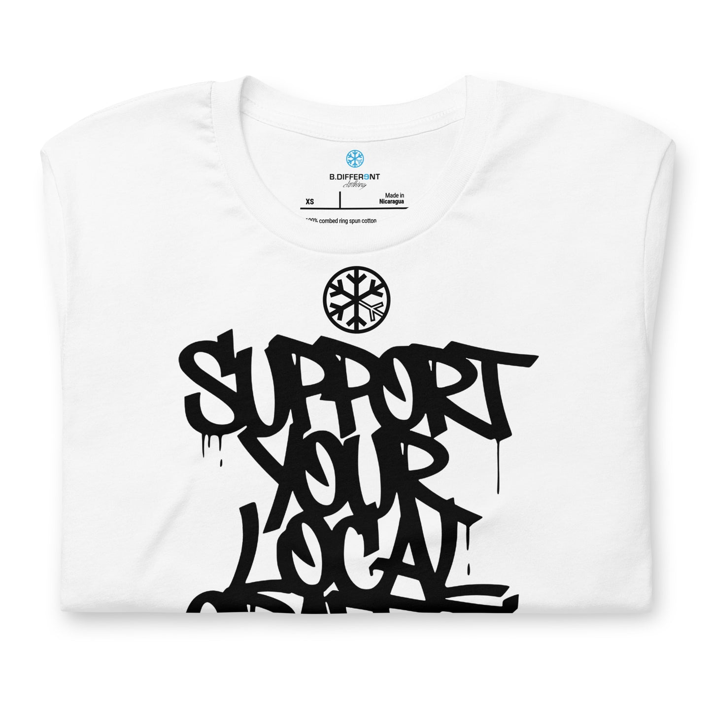 White-Support Your Local Graffiti Artists Tee from B.Different Clothing, folded, graffiti-inspired streetwear t-shirt