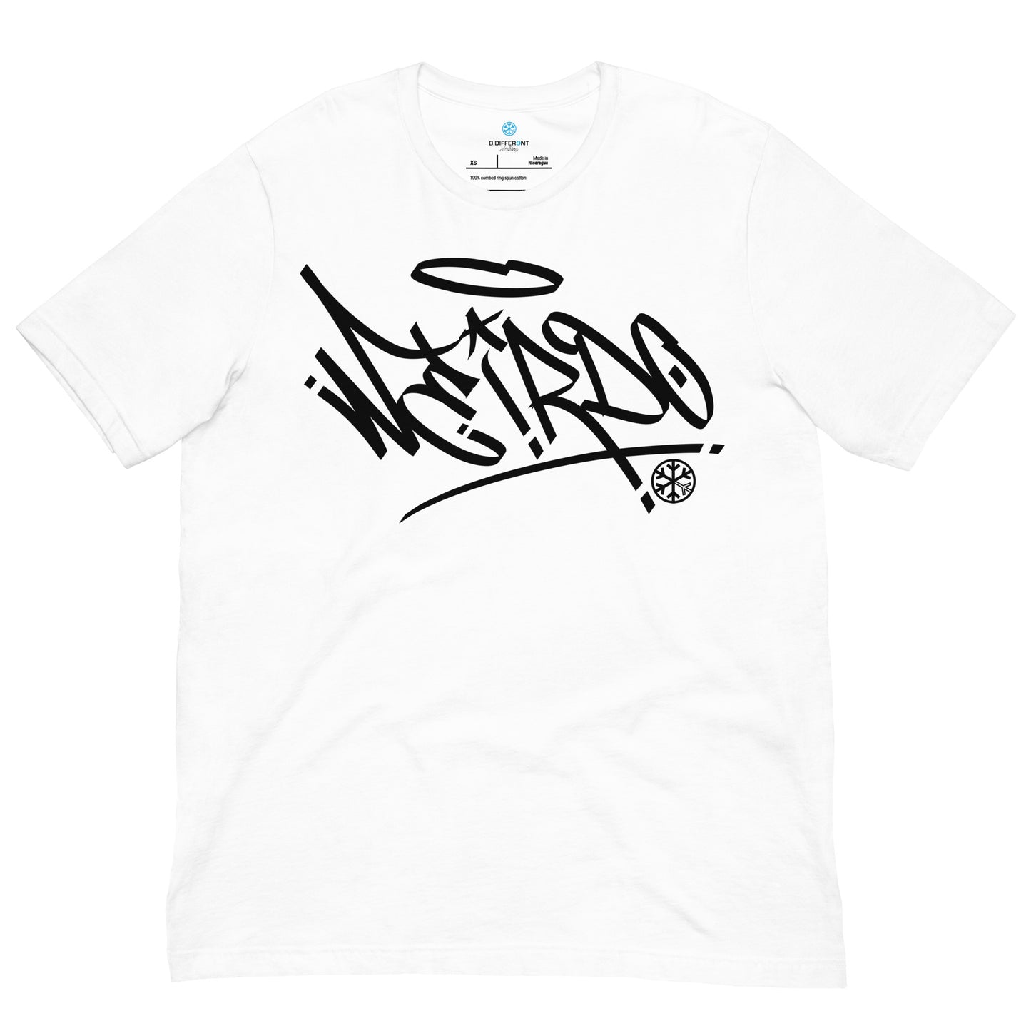 White-Weirdo Tag Graffiti Tee from B.Different Clothing, front view, graffiti-inspired streetwear t-shirt