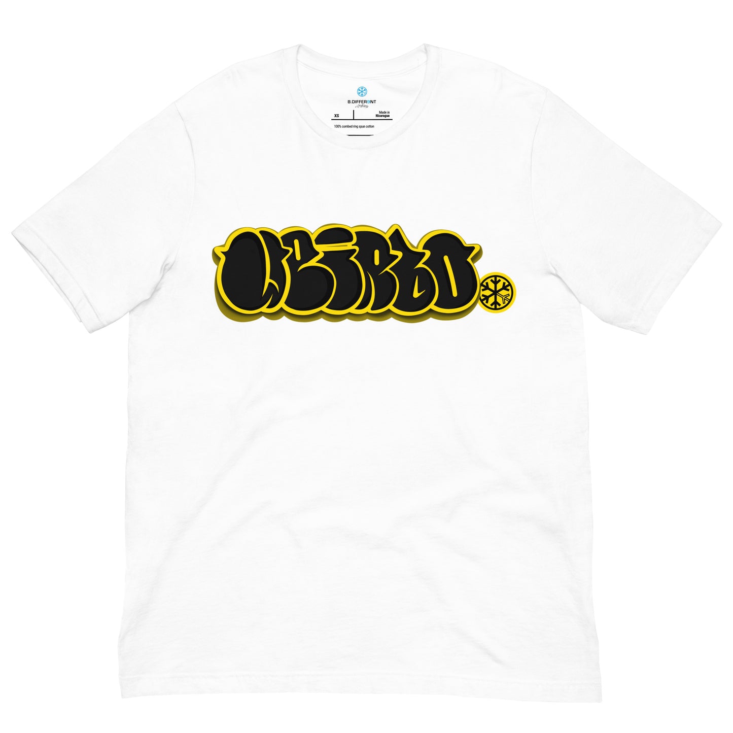 White-Weirdo Graffiti Throwie Tee from B.Different Clothing, front view, graffiti-inspired streetwear t-shirt
