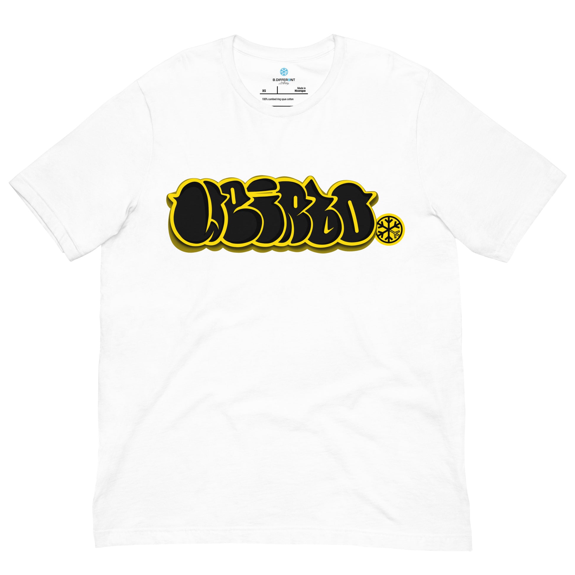 White-Weirdo Graffiti Throwie Tee from B.Different Clothing, front view, graffiti-inspired streetwear t-shirt