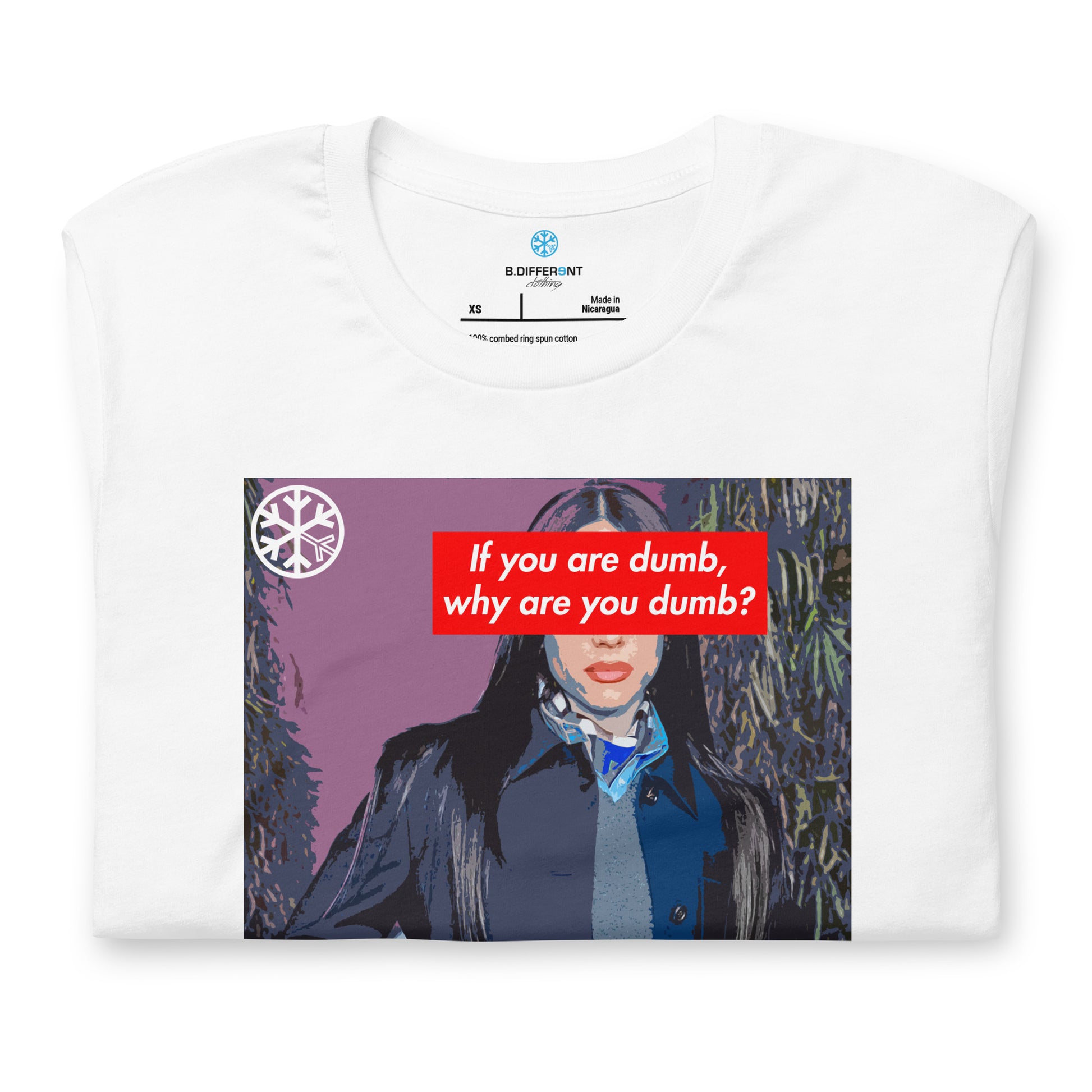 White-Why Are You Dumb Tee from B.Different Clothing, folded, graffiti-inspired streetwear t-shirt