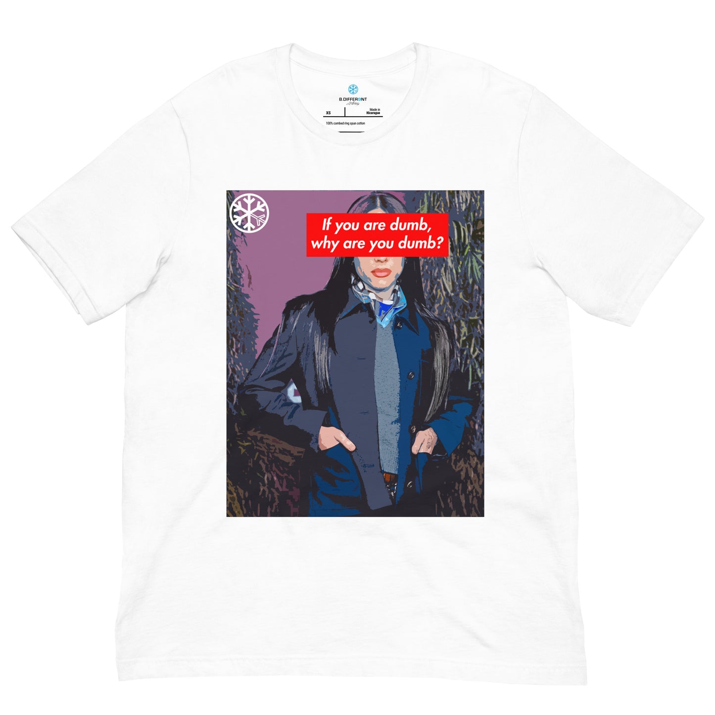 White-Why Are You Dumb Tee from B.Different Clothing, front view, graffiti-inspired streetwear t-shirt