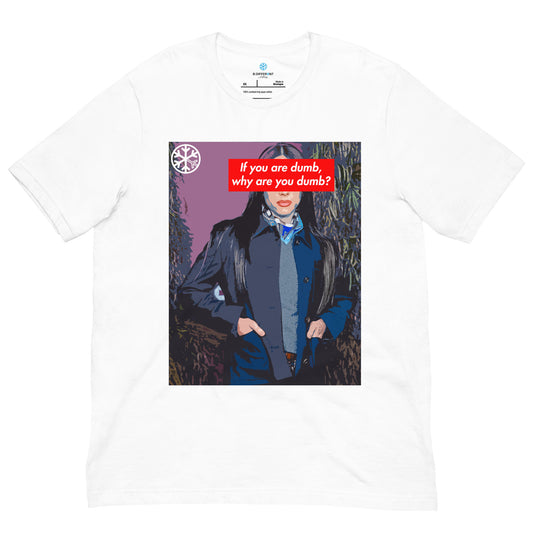White-Why Are You Dumb Tee from B.Different Clothing, front view, graffiti-inspired streetwear t-shirt