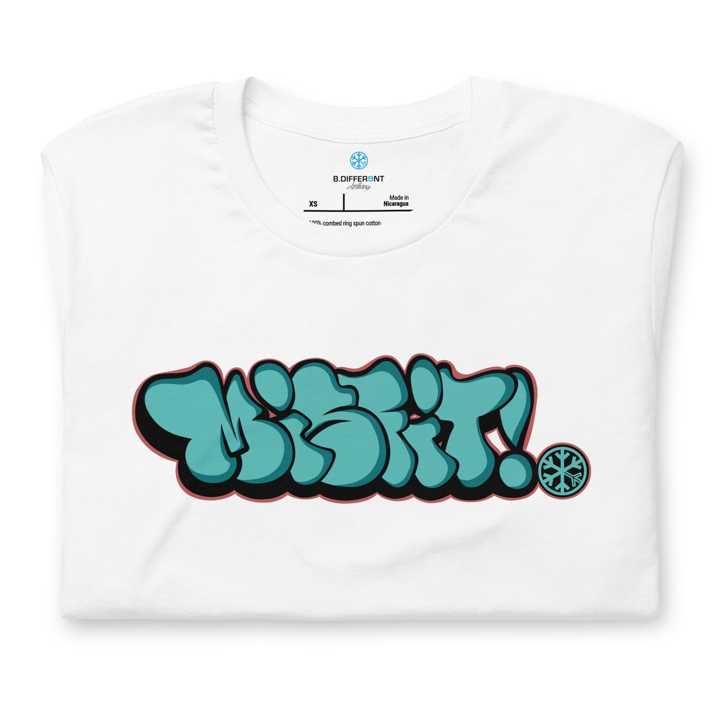White-Misfit Graffiti Throwie Tee from B.Different Clothing, folded, graffiti-inspired streetwear t-shirt