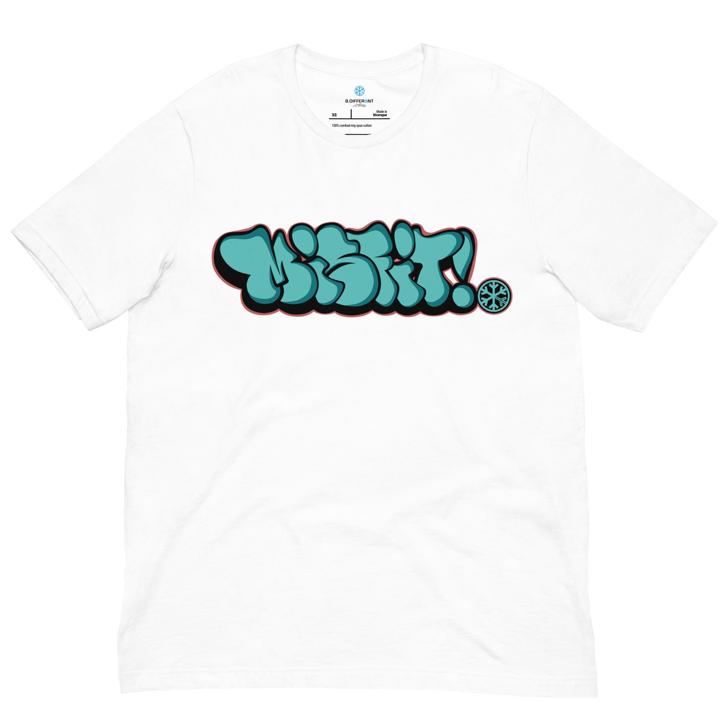 White-Misfit Graffiti Throwie Tee from B.Different Clothing, front view, graffiti-inspired streetwear t-shirt