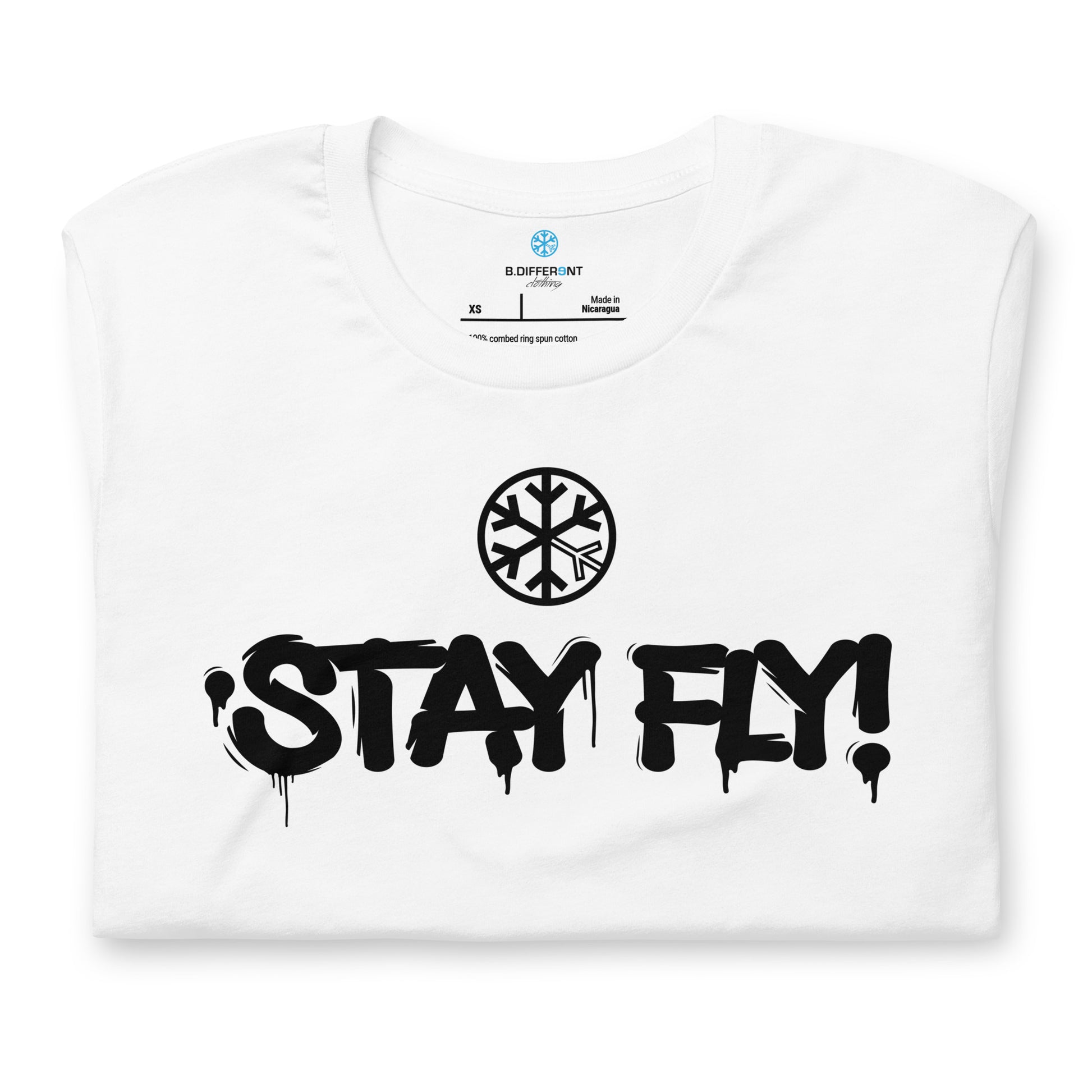 White-Stay Fly Graffiti Tag Tee from B.Different Clothing, folded, graffiti-inspired streetwear t-shirt