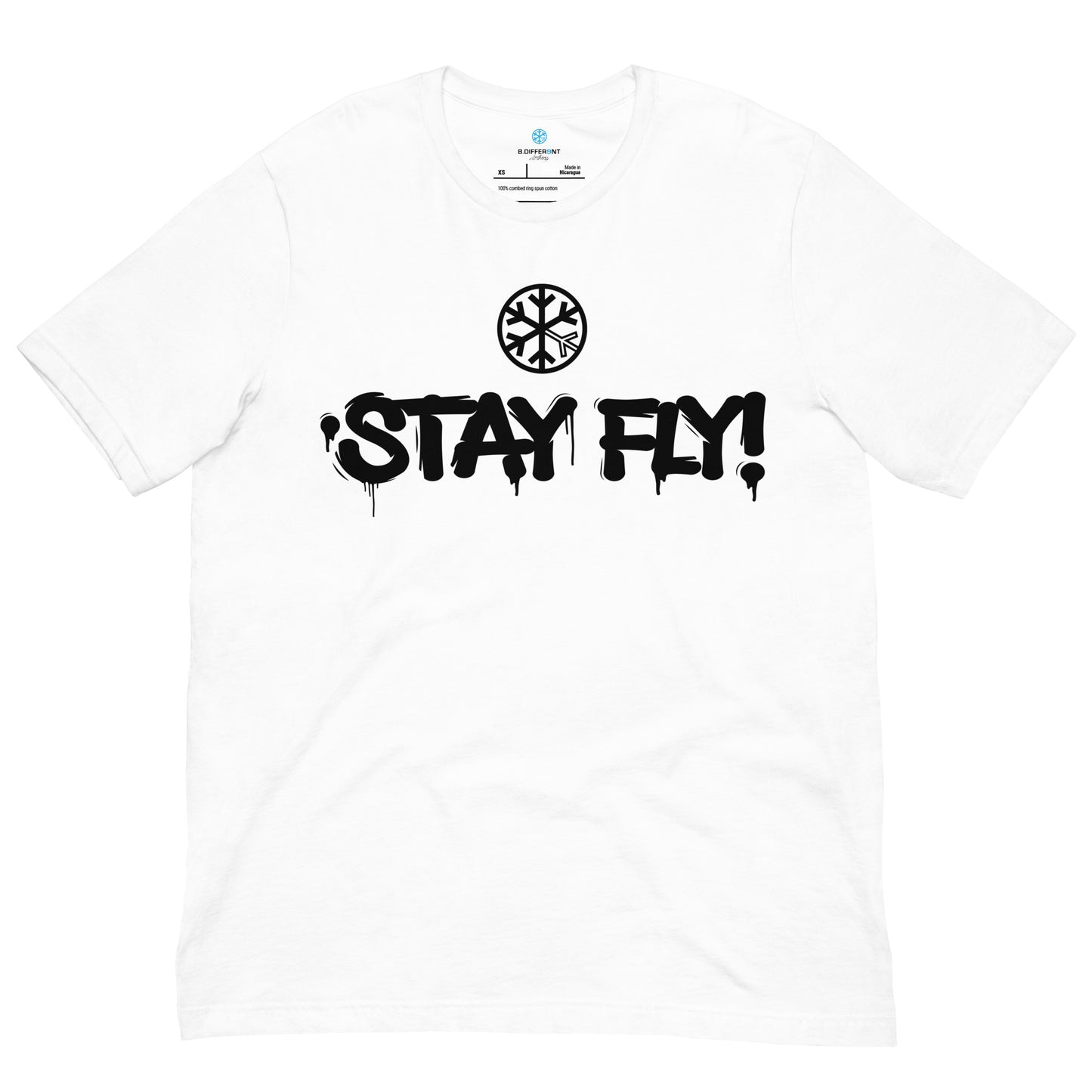 White-Stay Fly Graffiti Tag Tee from B.Different Clothing, front view, graffiti-inspired streetwear t-shirt