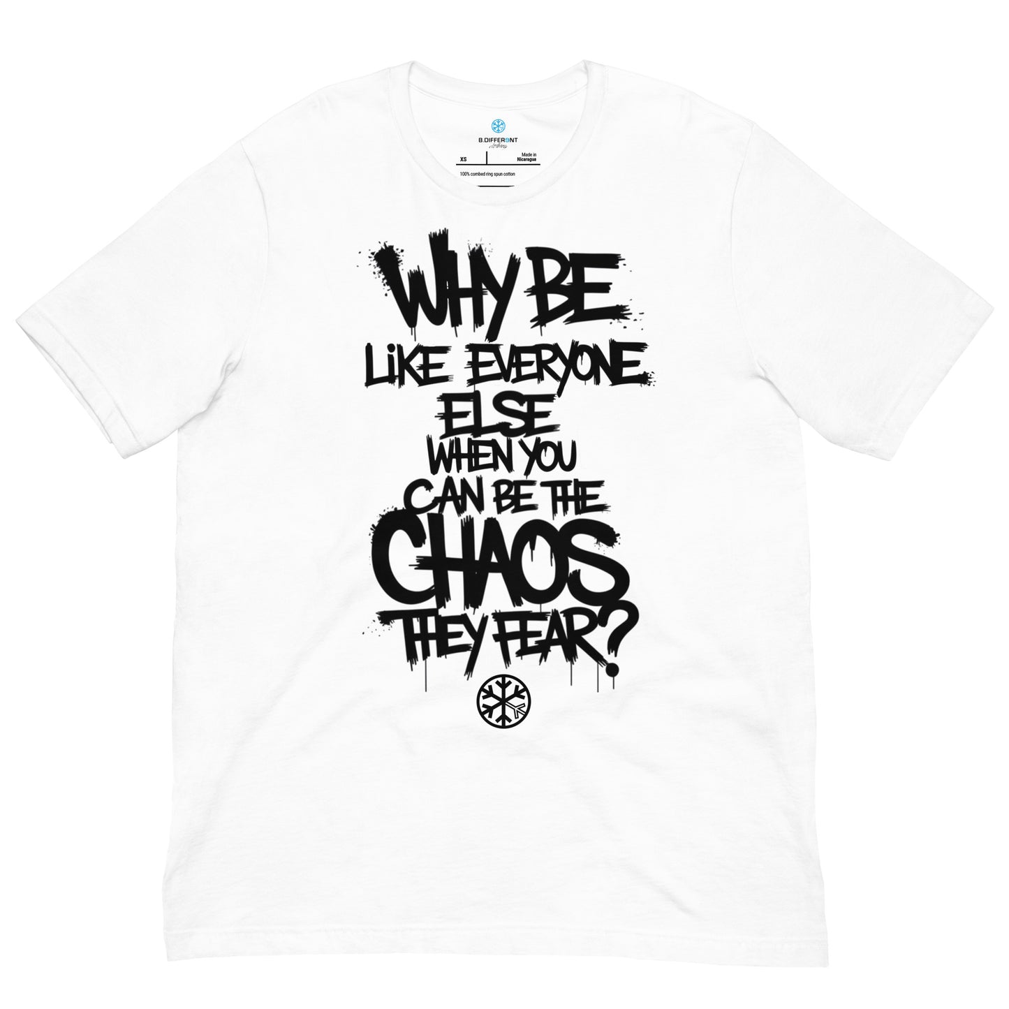White-Chaos They Fear Graffiti Tag Tee from B.Different Clothing, front view, graffiti-inspired streetwear t-shirt