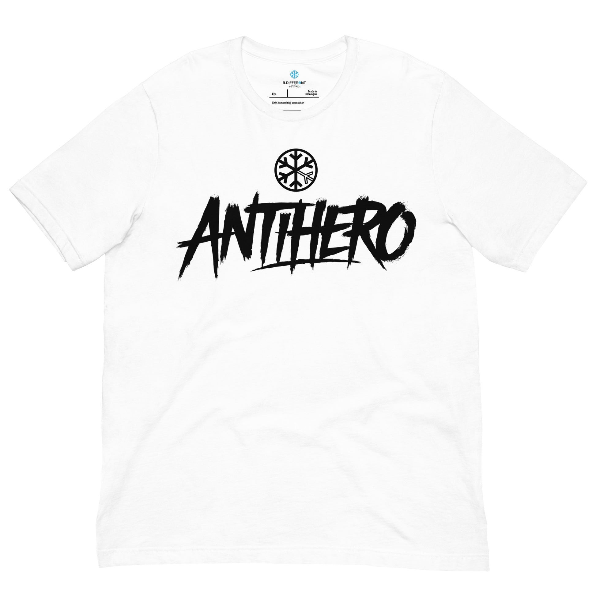 White-Antihero Graffiti Tag Tee from B.Different Clothing, front view, graffiti-inspired streetwear t-shirt