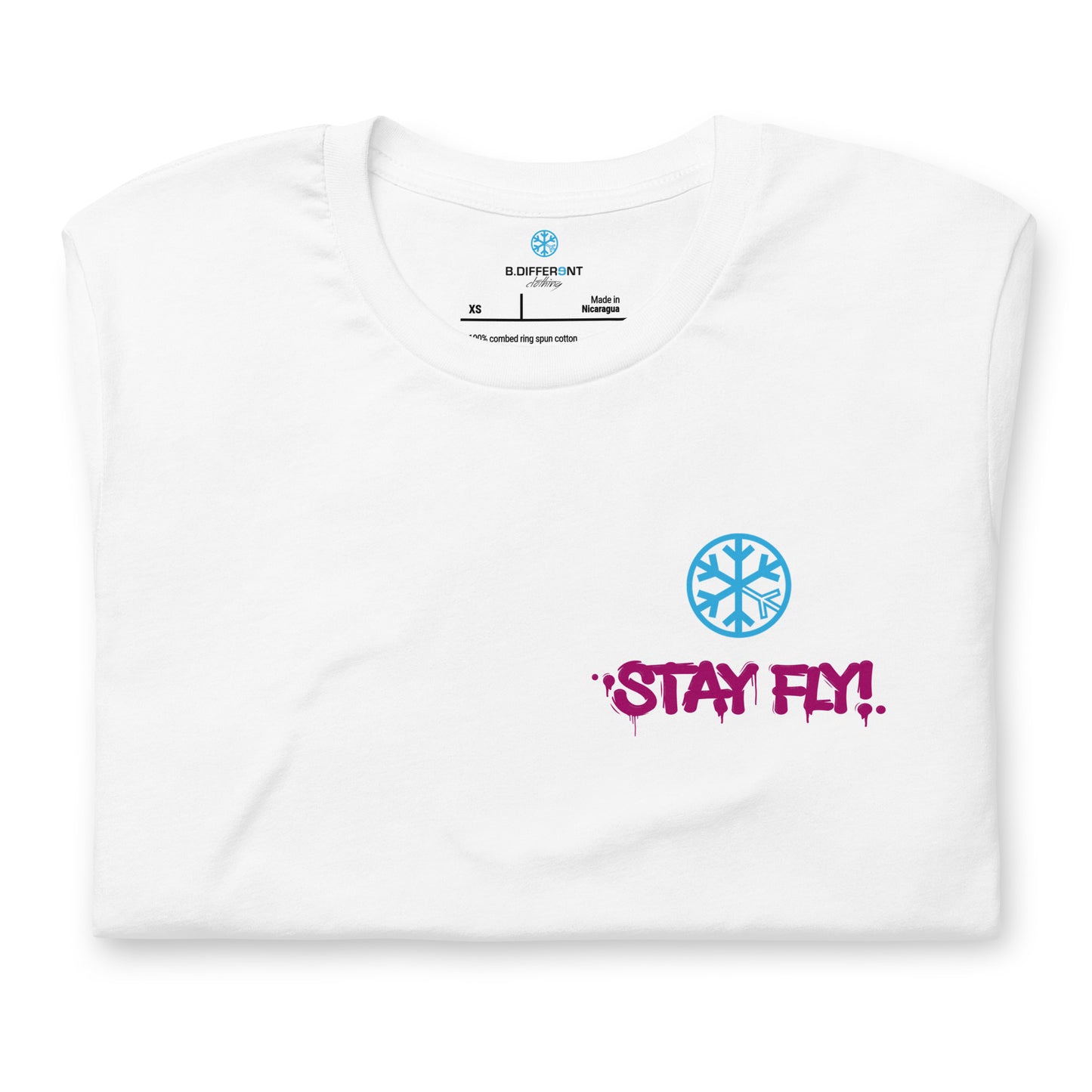 White-Stay Fly Graffiti Character Tee from B.Different Clothing, folded, graffiti-inspired streetwear t-shirt