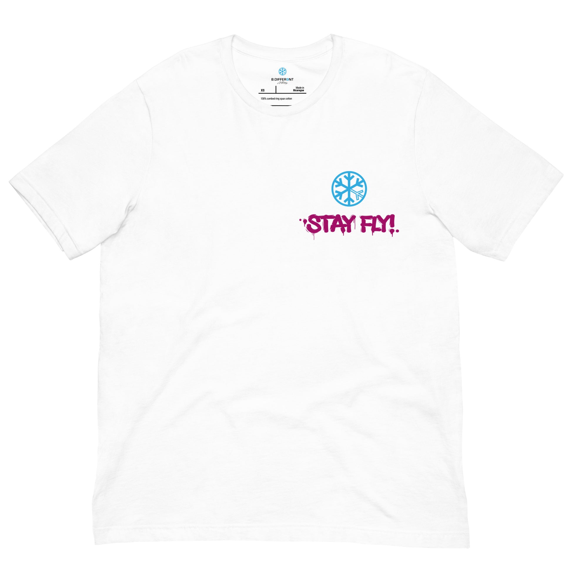 White-Stay Fly Graffiti Character Tee from B.Different Clothing, front view, graffiti-inspired streetwear t-shirt