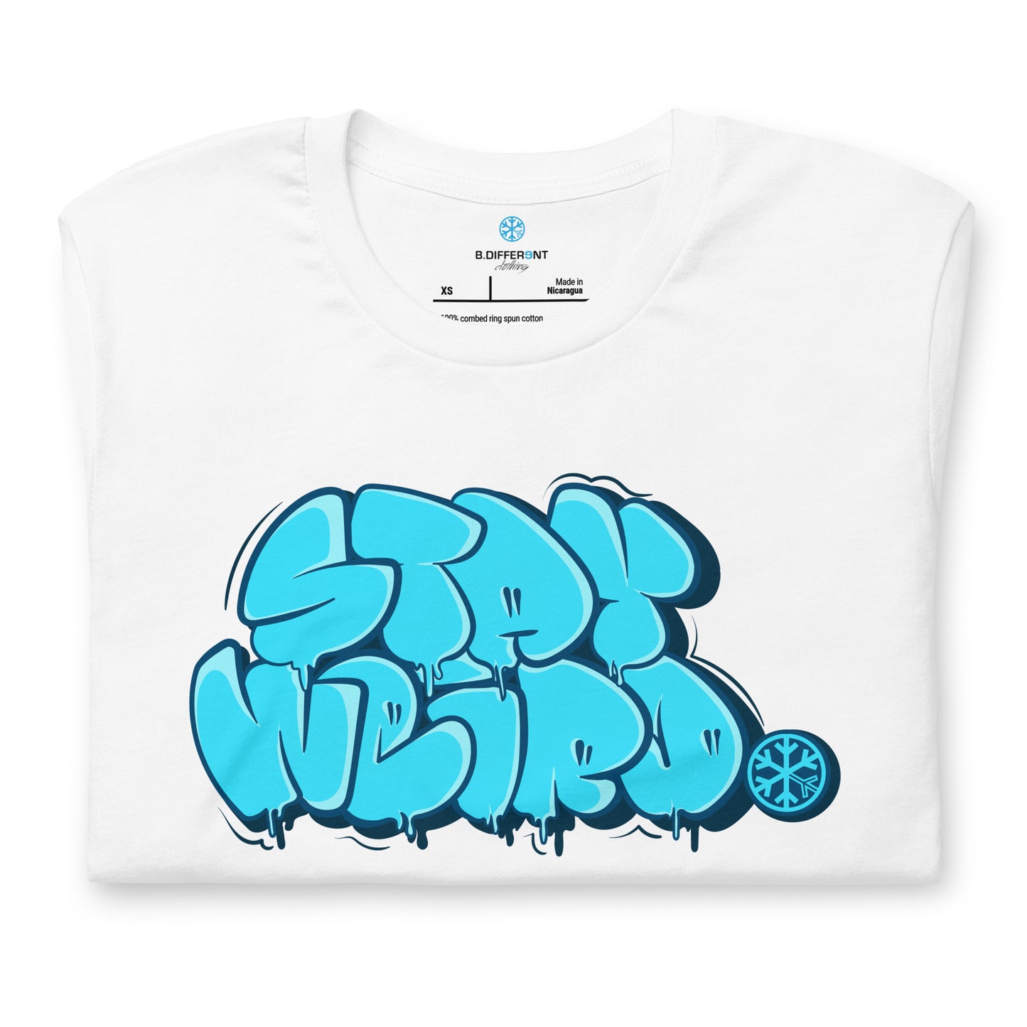 White-Stay Weird Graffiti Throw-up Tee from B.Different Clothing, folded, graffiti-inspired streetwear t-shirt