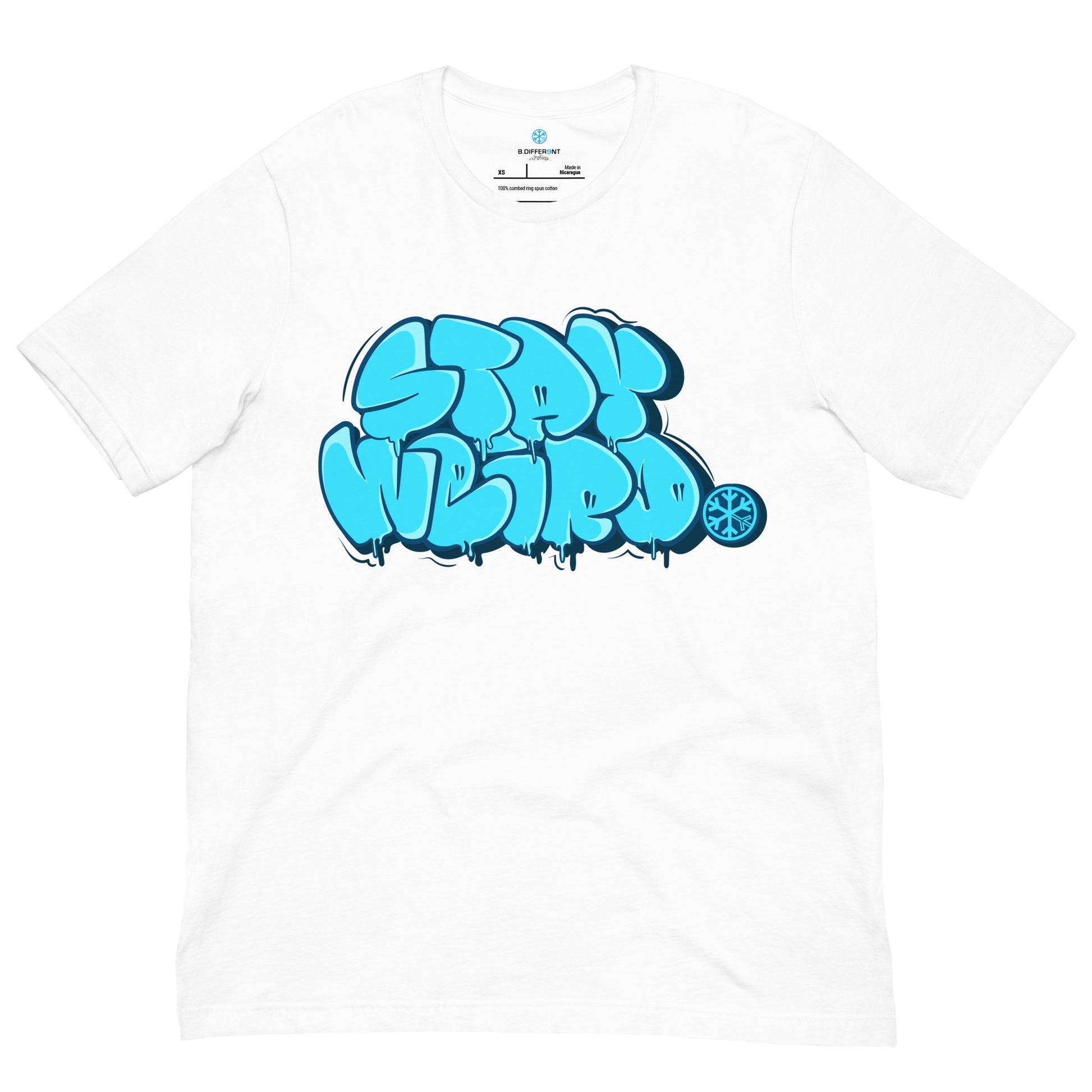 White-Stay Weird Graffiti Throw-up Tee from B.Different Clothing, front view, graffiti-inspired streetwear t-shirt
