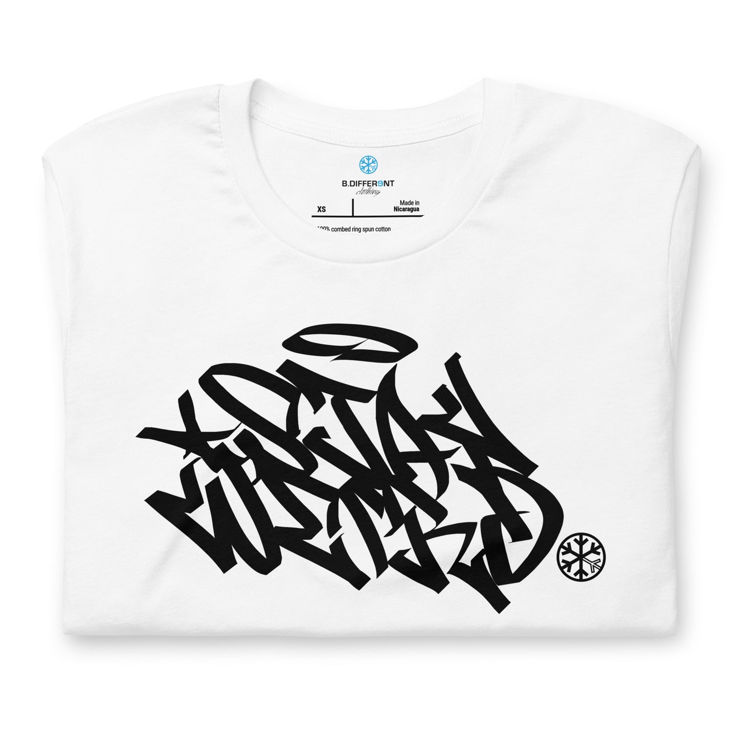 White-Stay Weird Graffiti Tag Tee from B.Different Clothing, folded, graffiti-inspired streetwear t-shirt
