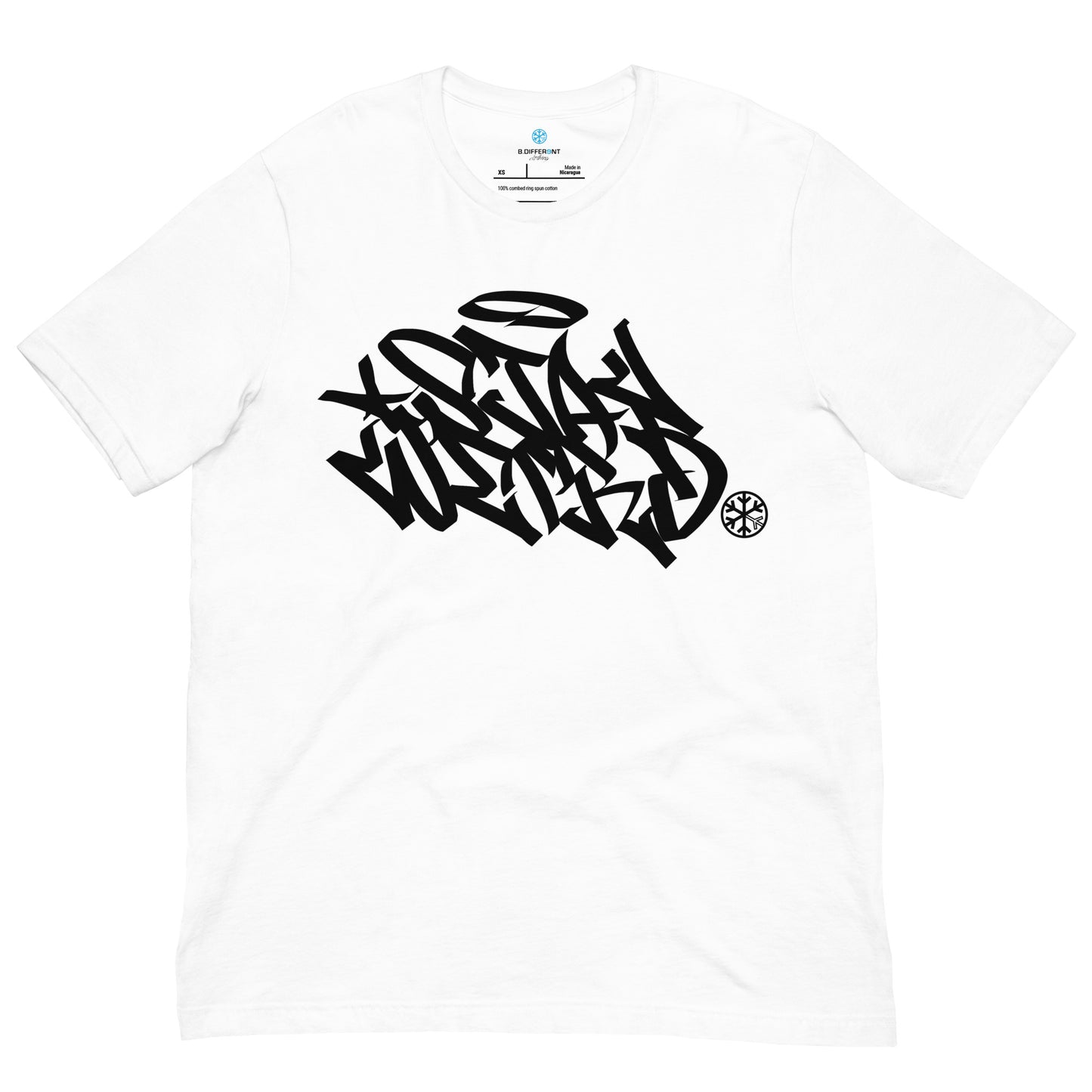 White-Stay Weird Graffiti Tag Tee from B.Different Clothing, front view, graffiti-inspired streetwear t-shirt