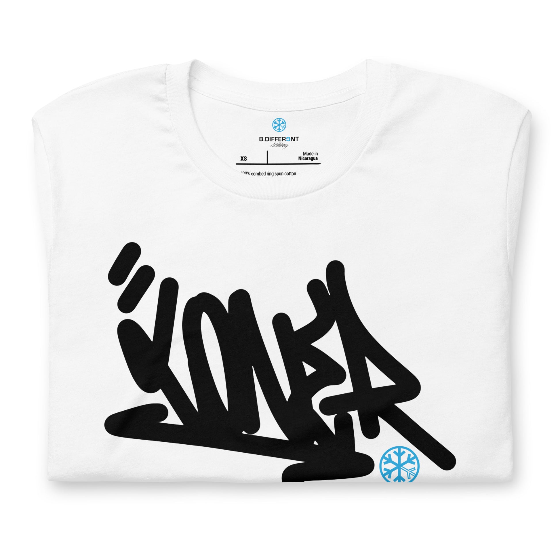 White-Loner Graffiti Tag Tee from B.Different Clothing, folded, graffiti-inspired streetwear t-shirt