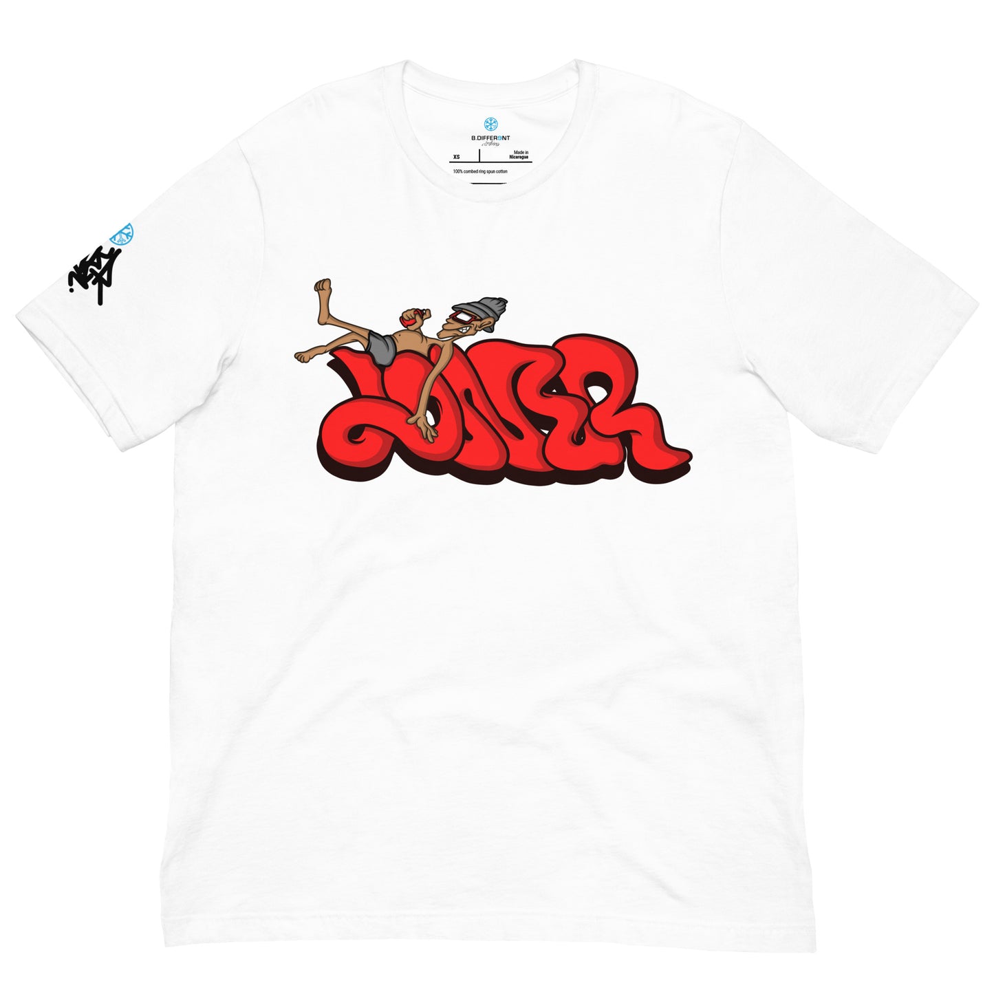 White-Loner Graffiti Piece Tee from B.Different Clothing, front view, graffiti-inspired streetwear t-shirt