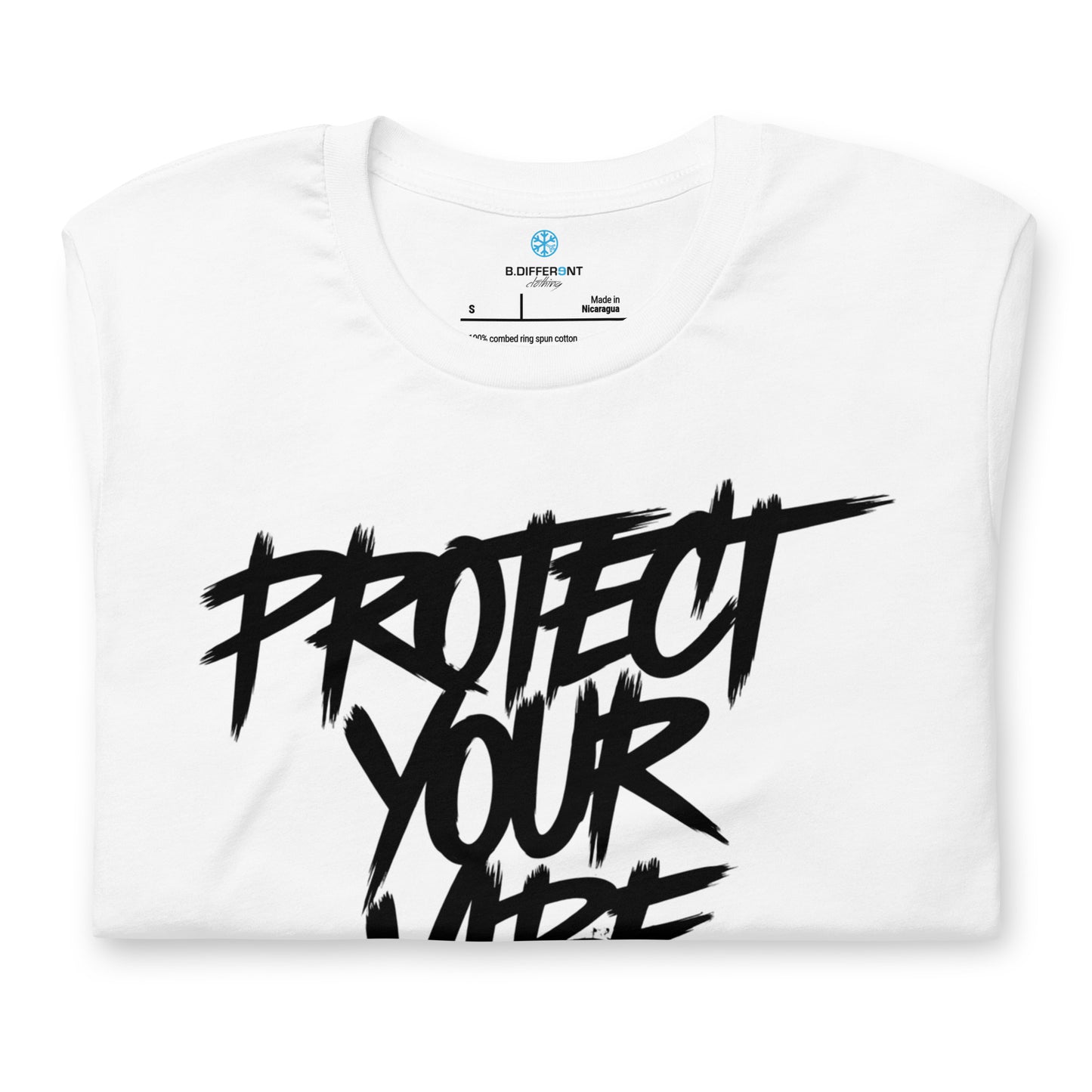 White-Protect Your Vibe Graffiti Tag Tee from B.Different Clothing, folded, graffiti-inspired streetwear t-shirt
