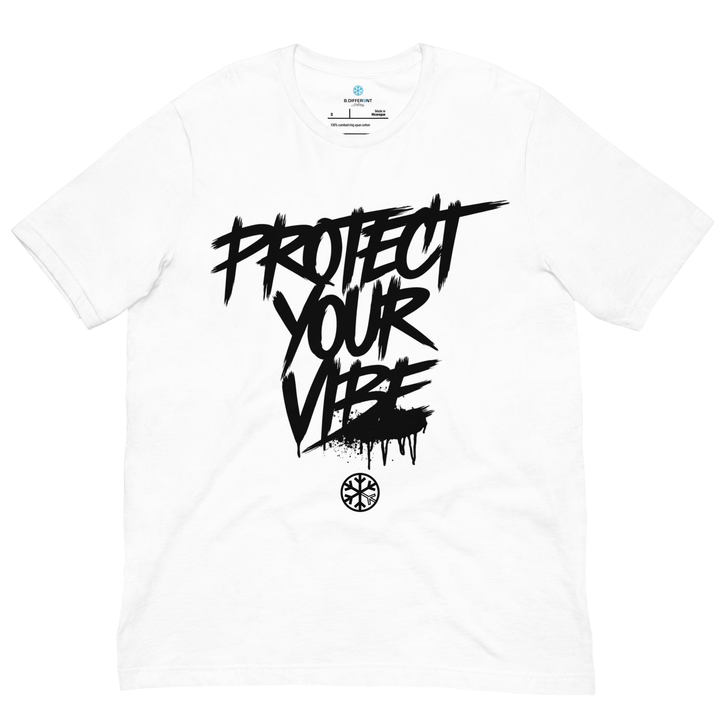 White-Protect Your Vibe Graffiti Tag Tee from B.Different Clothing, front view, graffiti-inspired streetwear t-shirt